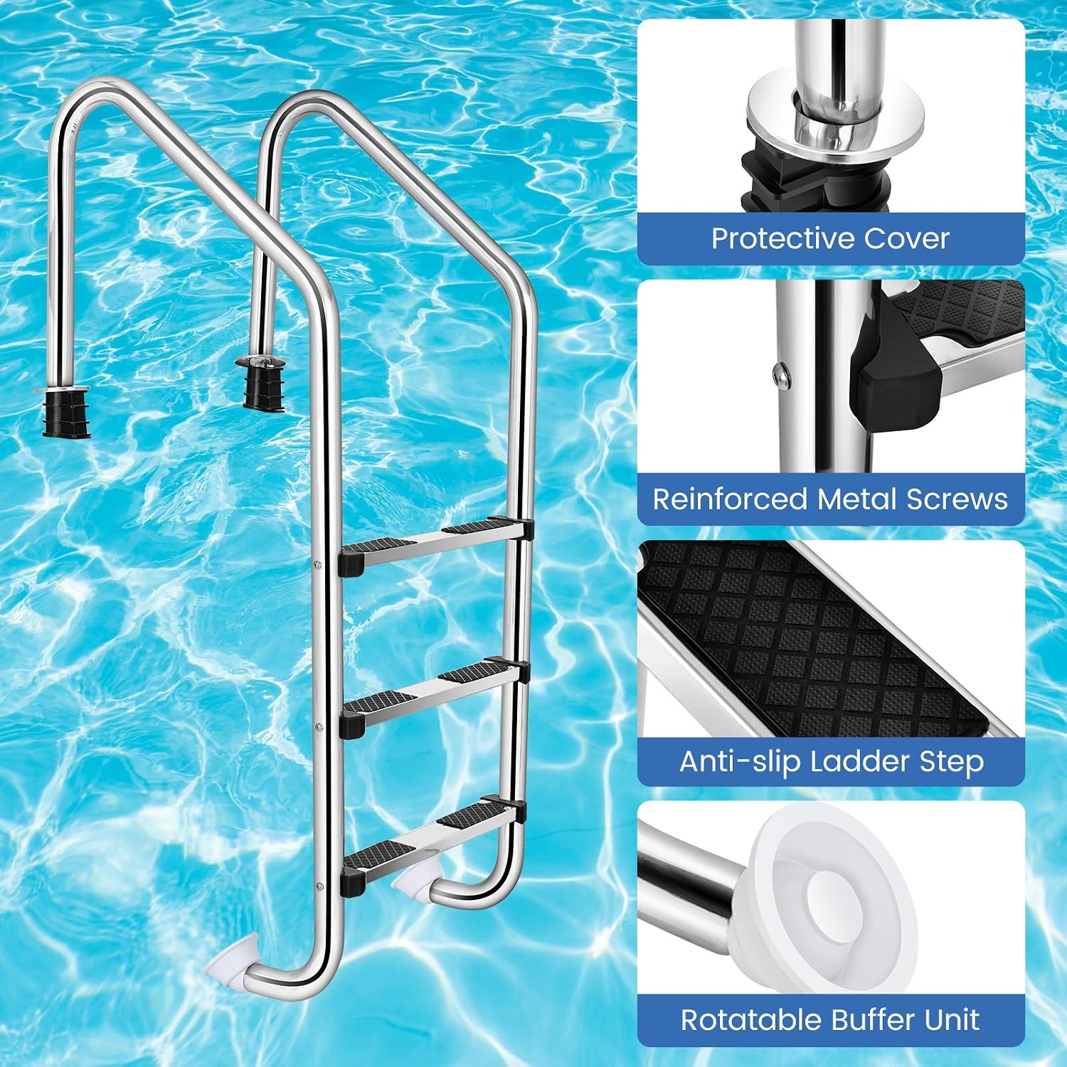 Goplus Swimming Pool Ladder, 3-Step/4-Step In-Ground Stainless Steel Step for Indoor/Outdoor Pool, Heavy Duty Non-Slip Ladder, Easy Assembly (3-Step)