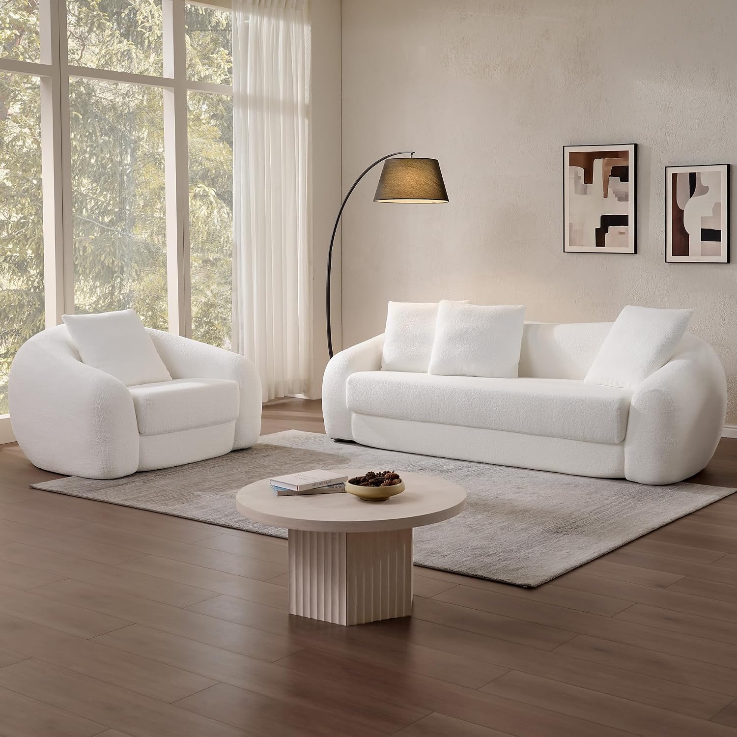 SICOTAS Curved Sofa Couch Bed for Living Room Convertible Futon Cloud Boneless Sleeper Chair Pull Out Floor Couch with Deep Seat Sofa Set Foam No Assembly Required for Bedroom Apartment Office, White