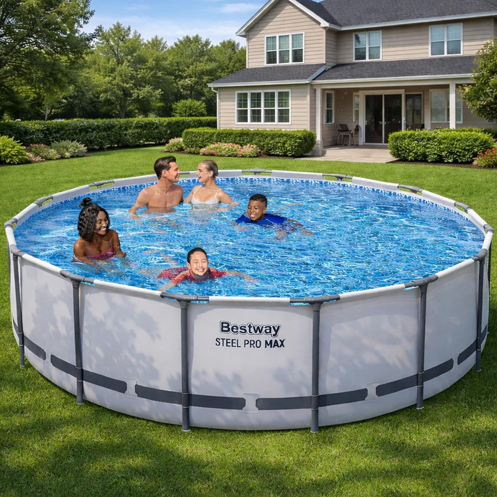 Bestway Steel Pro MAX 15' x 42' Above Ground Pool, Round Metal Frame Outdoor Swimming Pool Set with Filter Pump, Ladder, and Cover, Gray