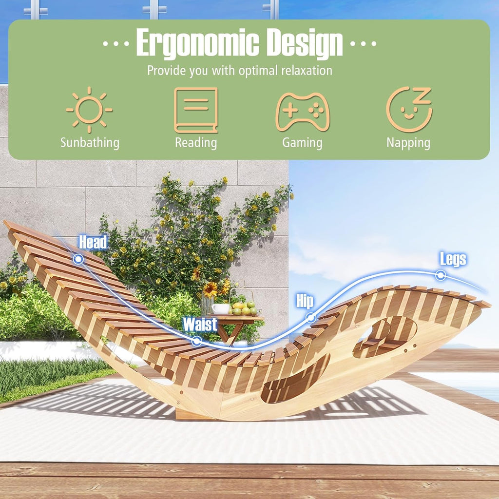 RELAX4LIFE Rocking Double Chaise Lounge, Acacia Wood Sun Bed Lounger w/Slatted Seat, Bottom Stopper, Indoor Outdoor Loveseat Rocker for Pool Patio, 440LBS Capacity, Wooden Rocking Lounge Chair (1)