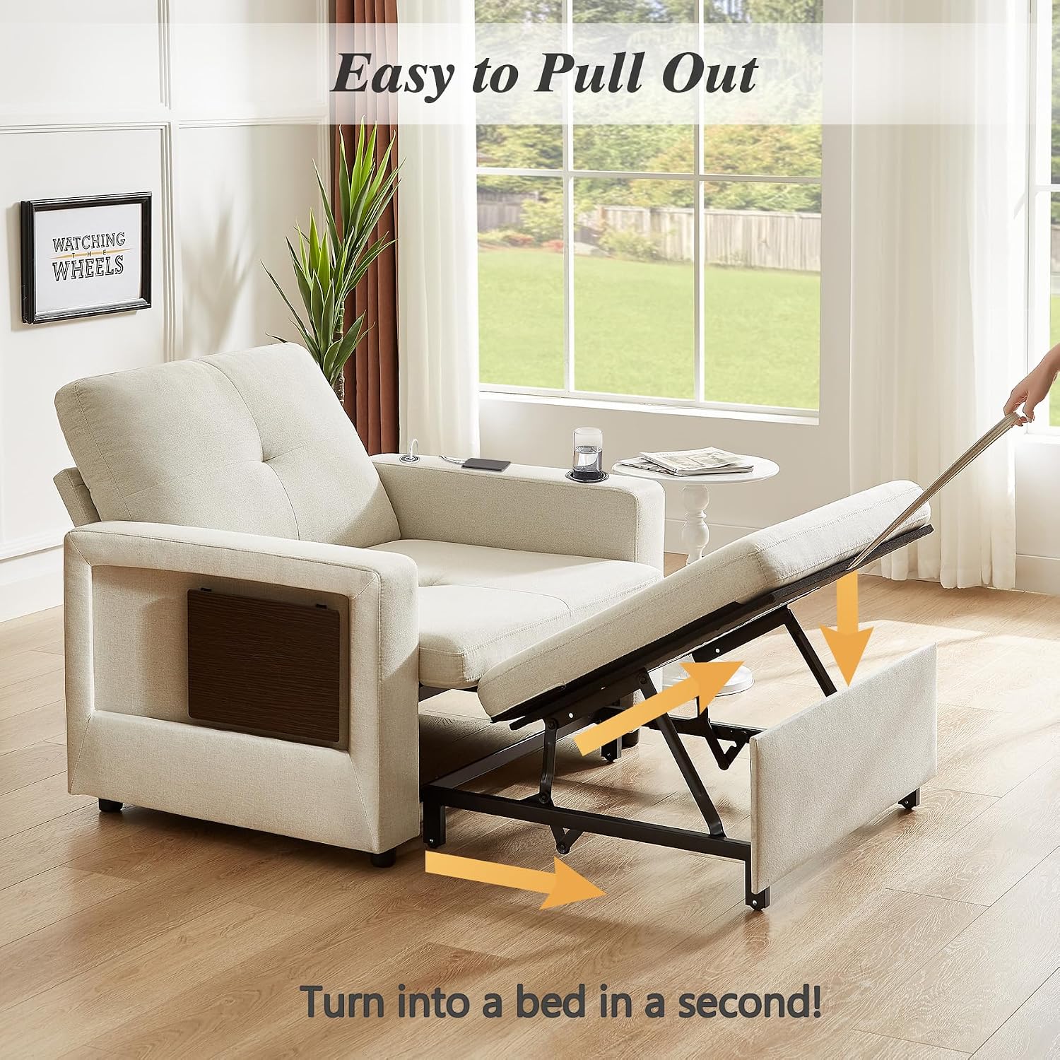 WEUP 42.5' Sleeper Chair Bed, 3-in-1 Convertible Reclining Sofa Chair with Pull Out Couch Bed, Adjustable Backrest, Side Pockets, Cup Holder, USB Ports & Wing Table, Premium Beige