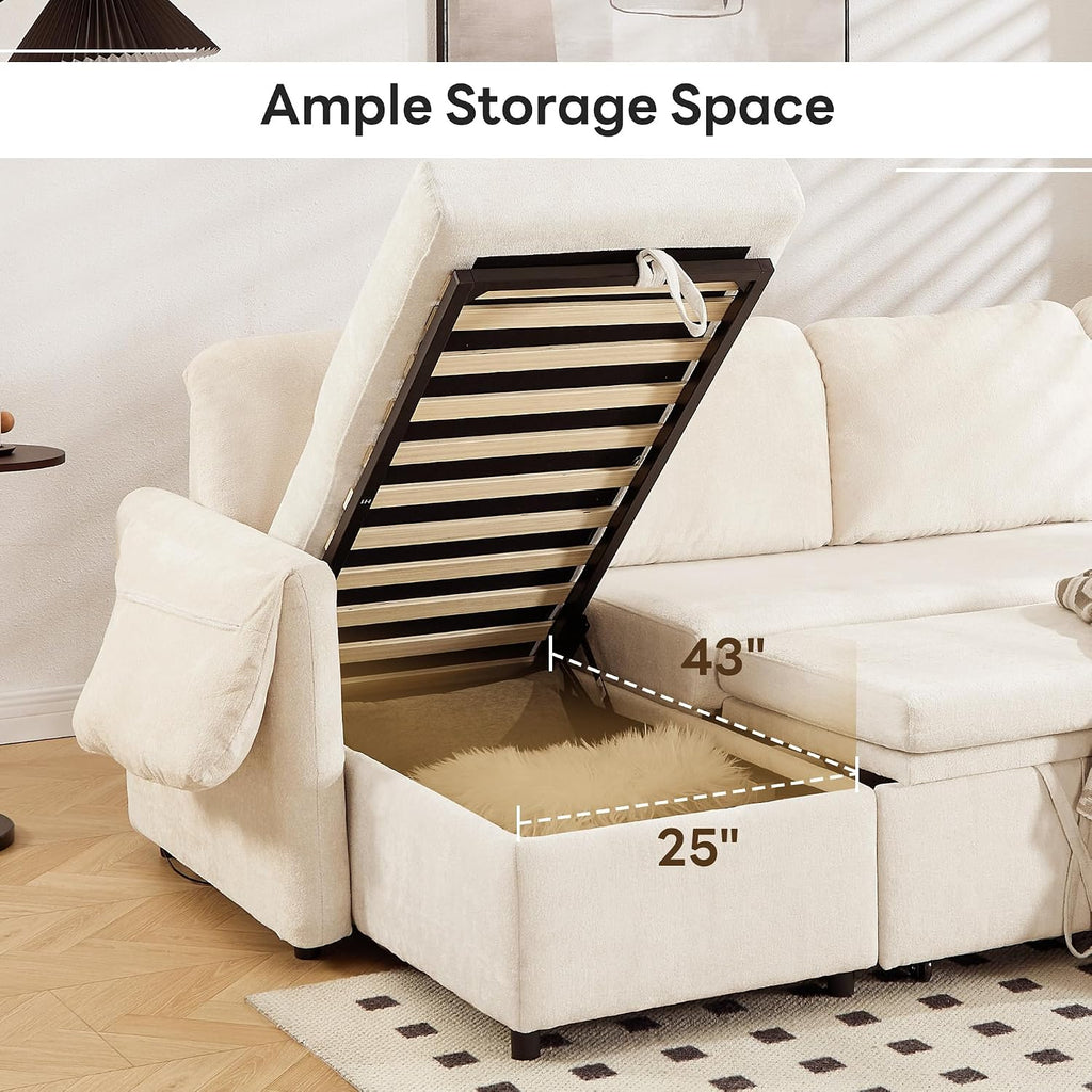 Tbfit 109'' Pull Out Sofa, Sleeper Sofa Bed with USB & 2 Storage Chaises, Comfy Oersized U Shaped Convertible Sectional Sleeper Couches for Living Room, Apartment, Office, White Sherpa
