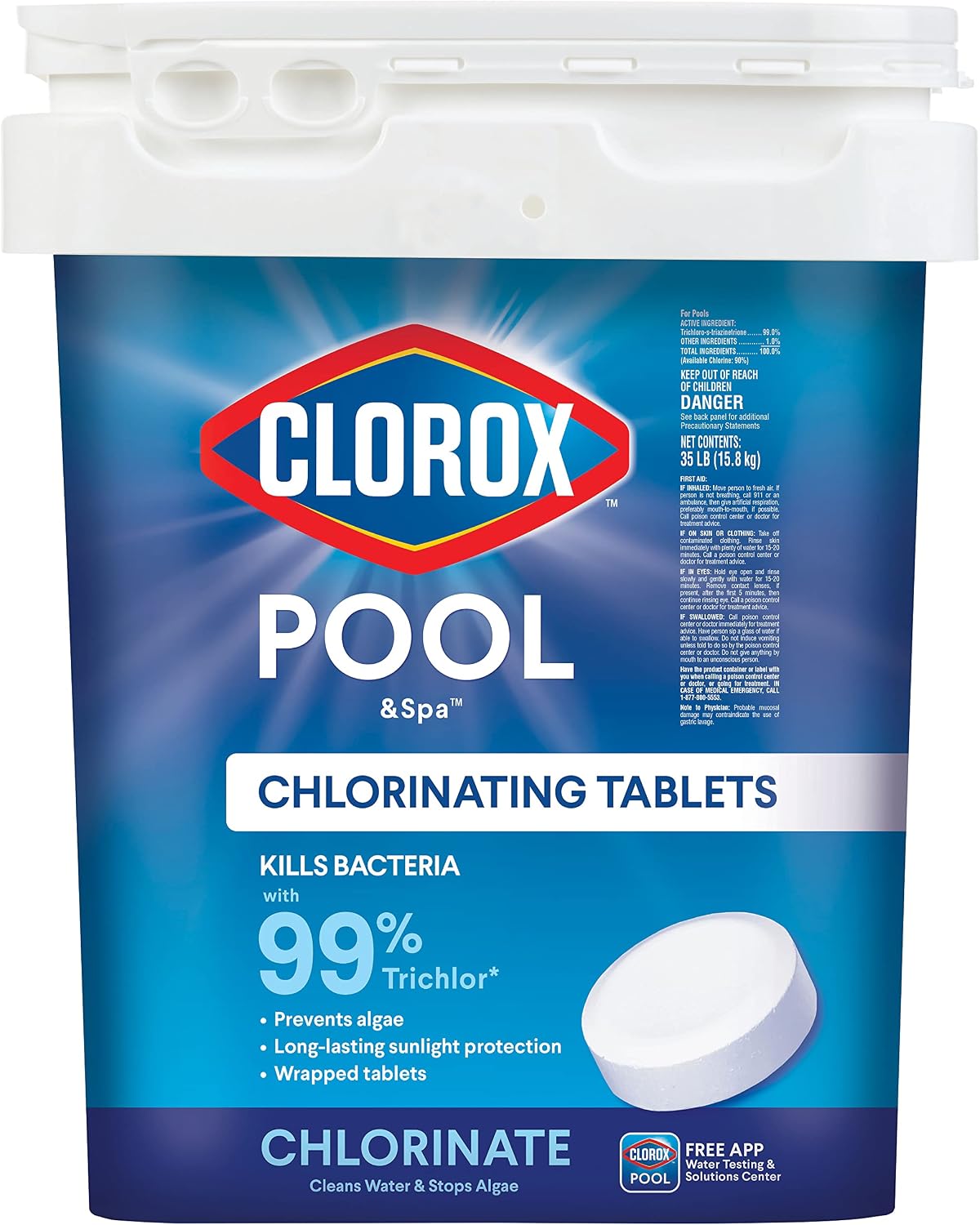 CLOROX Pool&Spa Active99 3' Chlorinating Tablet, Kills Bacteria & Stops Algae, 35LB