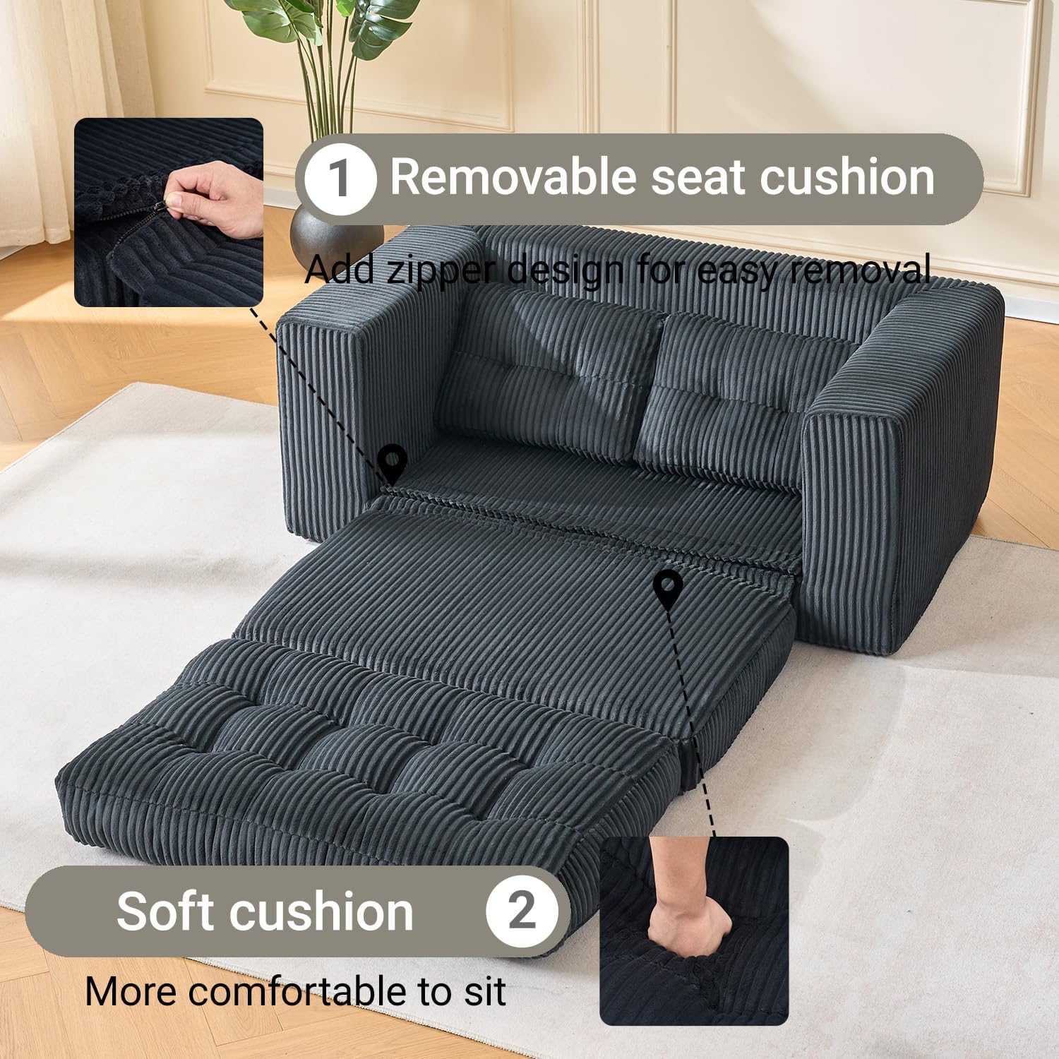 Fefances 55.1'Boneless Sofa Bed, 2-in-1 Convertible Loveseat & Folding Futon Couch, Small Space-Saving Design with Corduroy Fabric, for Living Room, Bedroom, Studio Apartment - Black