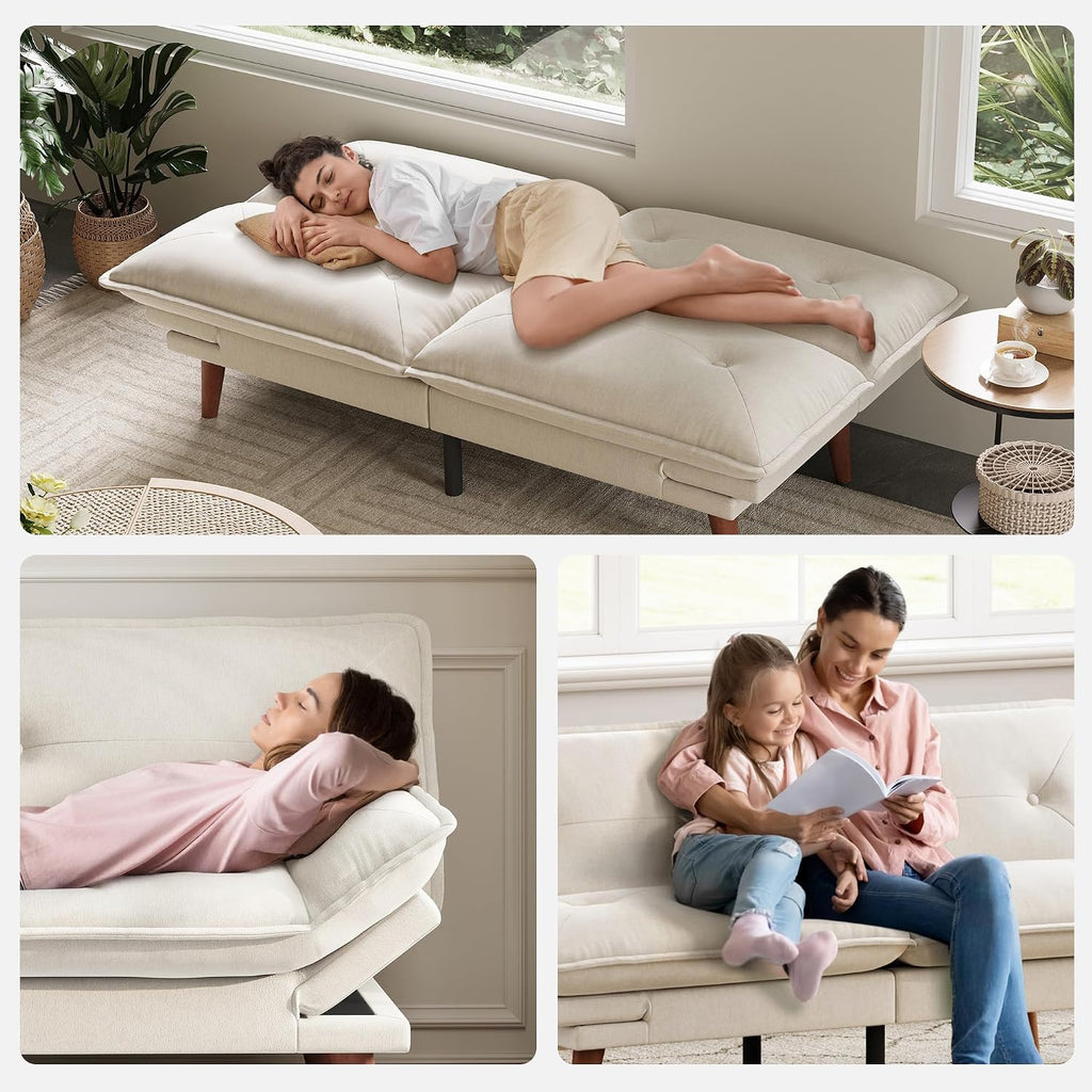 LINSY HOME Futon Sofa Bed, 70' Chenille Futon Couch with Adjustable Backrest Armrest, 3 in 1 Convertible Comfy Loveseat Sleeper Sofa Bed for Small Spaces Dorm Room Apartment Home Office(Beige White)