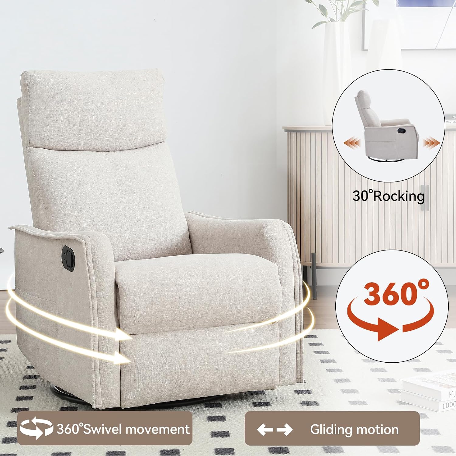 Massage Chair Recliner with Heat, 360° Swivel Glider Rocker with Reclining Backrest and Footrest, Manual Lazy Boy Recliners for Adults, Modern Nursery Rocking Chairs (Beige)
