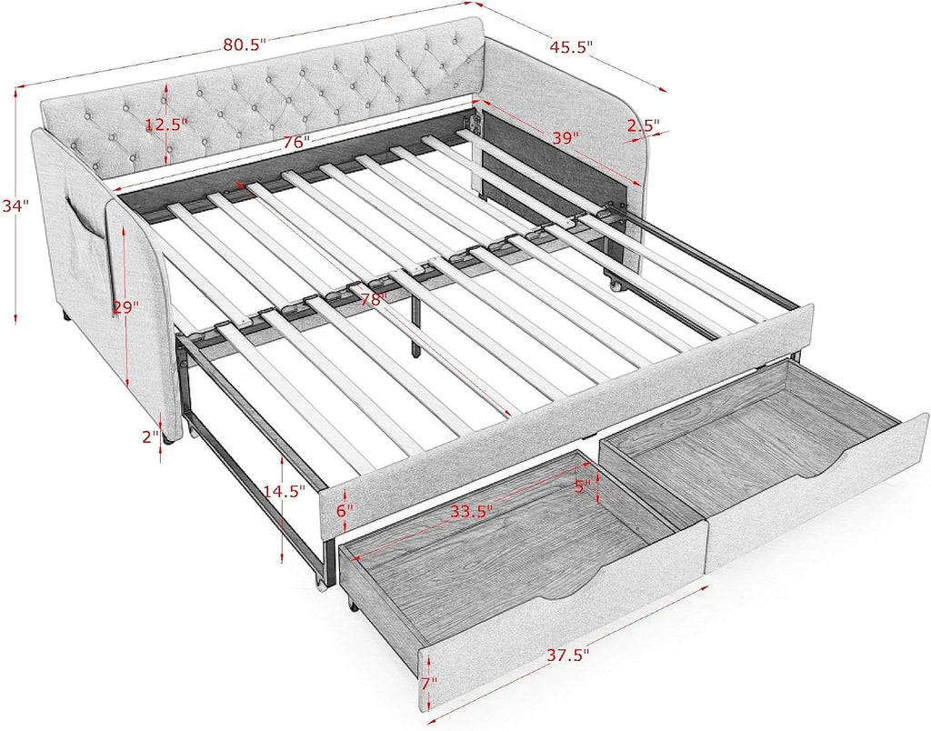 KEIKI Twin Size Upholstery Daybed with Trundle and 2 Drawers, Twin to King Design Mid-Century Style Extendable Sofa Bed, Easy Assembly, No Box Spring Required, for Living Room, Beige