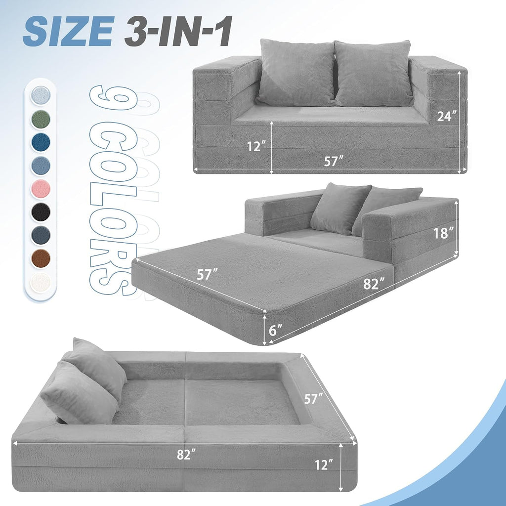 Futon Sofa Bed with Pillow, 3-in-1 Sleeper Sofa Bed with Removable Cover, Convertible Floor Sofa Bed, No Assembly Boneless Couch for Living Room, Bedroom
