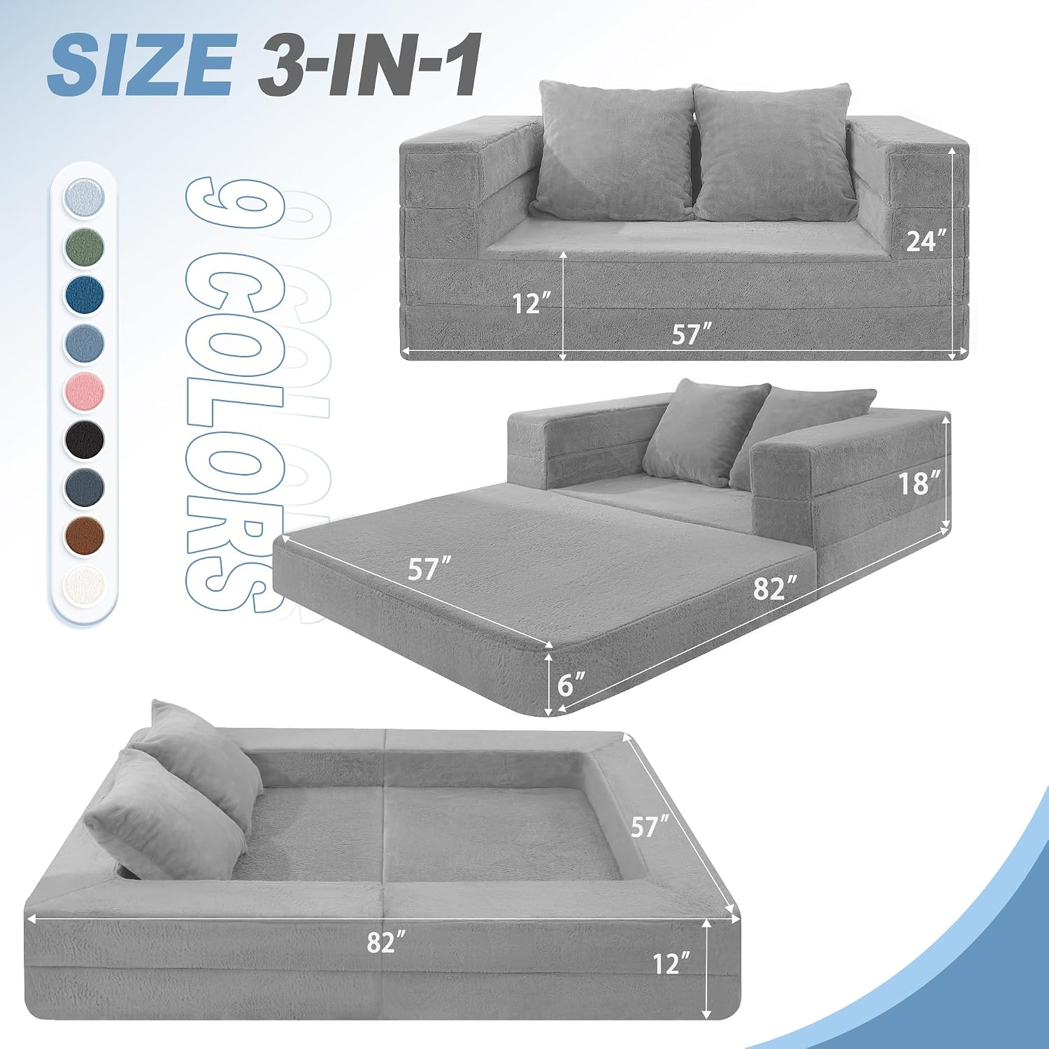 Futon Sofa Bed with Pillow, 3-in-1 Sleeper Sofa Bed with Removable Cover, Convertible Floor Sofa Bed, No Assembly Boneless Couch for Living Room, Bedroom