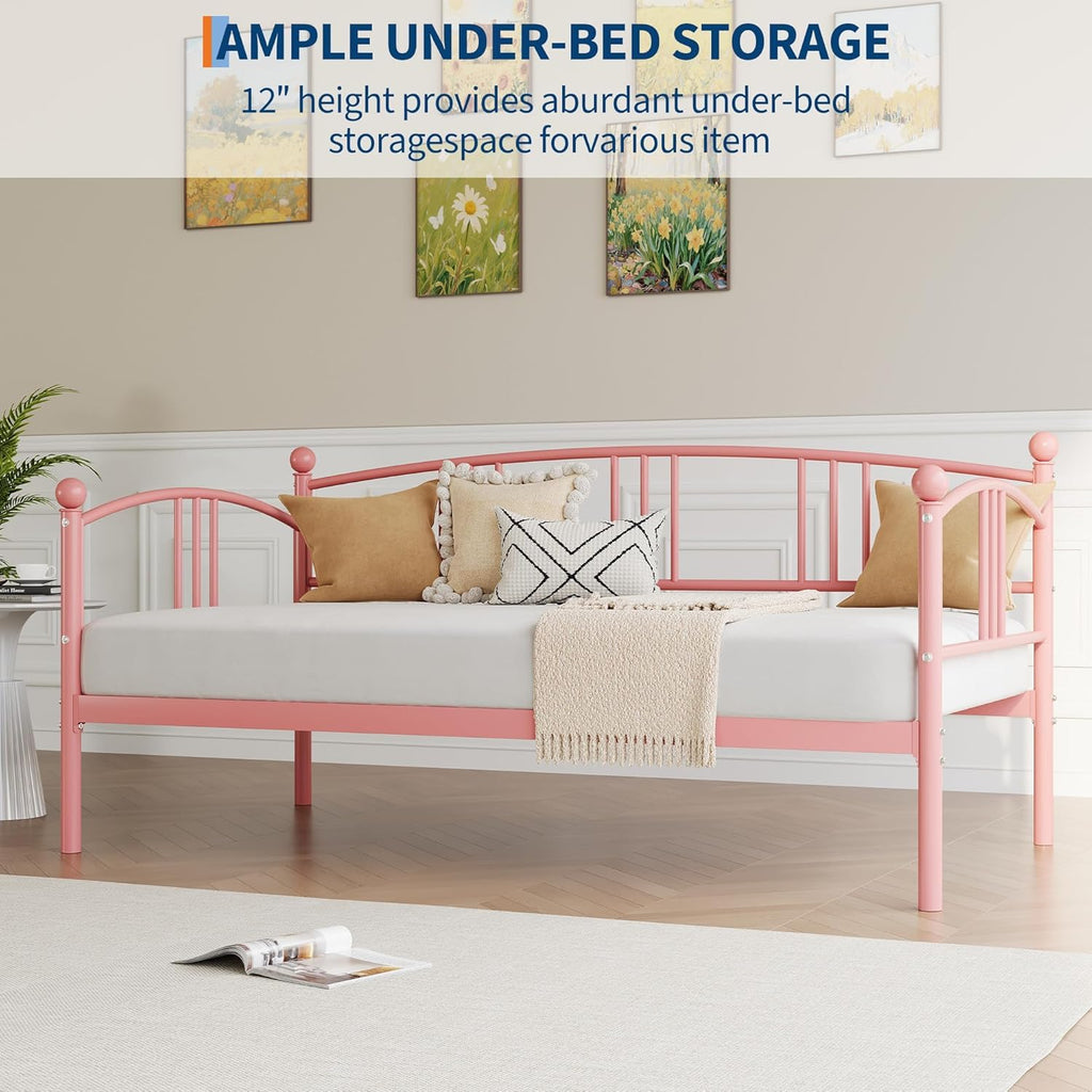 IDEALHOUSE Twin Daybed Without Trundle, Metal Twin Size Daybed, Steel Slat Support Sofa Bed for Living Room, Bedroom, Guest Room (Pink-Without Trundle)