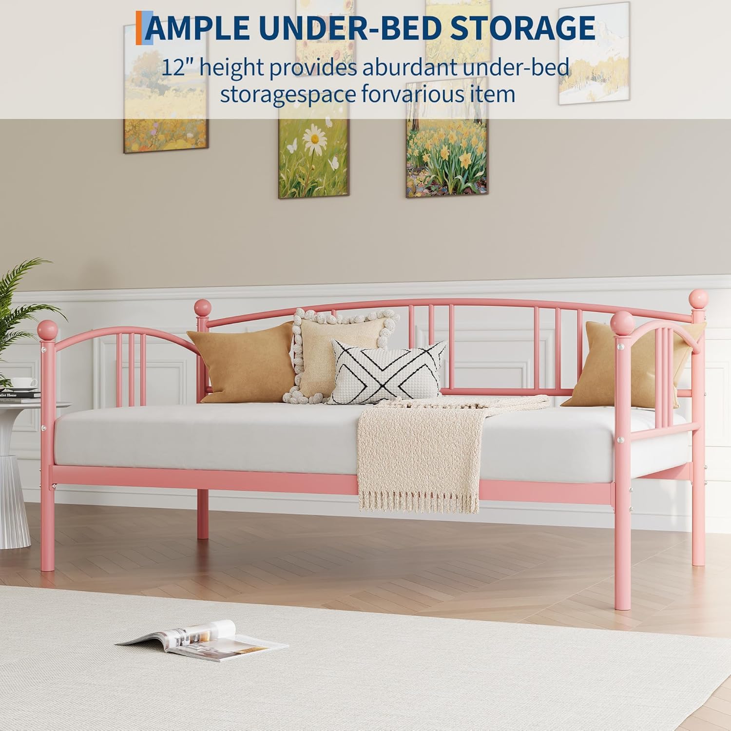 IDEALHOUSE Twin Daybed Without Trundle, Metal Twin Size Daybed, Steel Slat Support Sofa Bed for Living Room, Bedroom, Guest Room (Pink-Without Trundle)