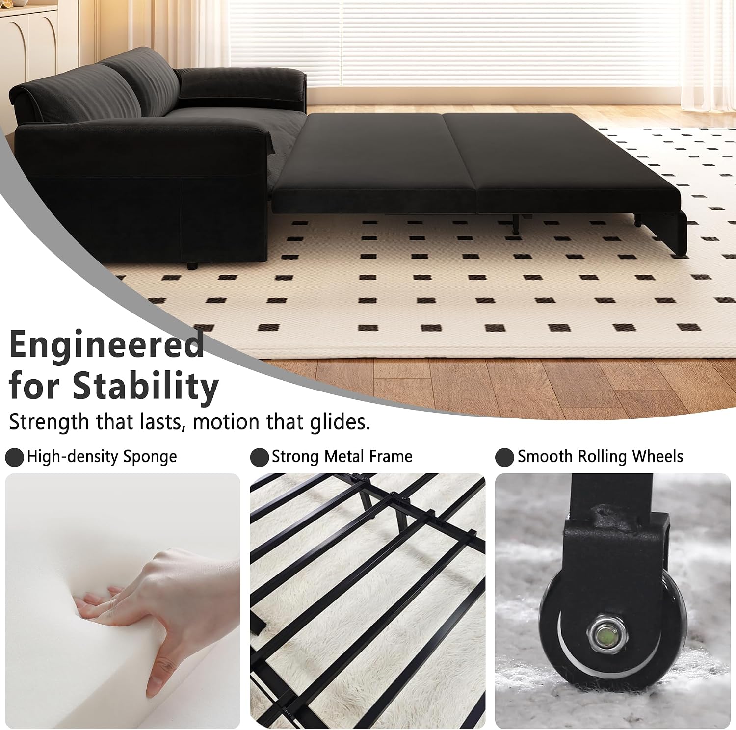 63.8' Sofa Bed Queen Size, Pull Out Couch Bed, 3-in-1 Convertible Sleeper Sofa with Side Pocket, Modern Velvet Futon Couch for Living Room, Small Space, Apartment, Bedroom, Black