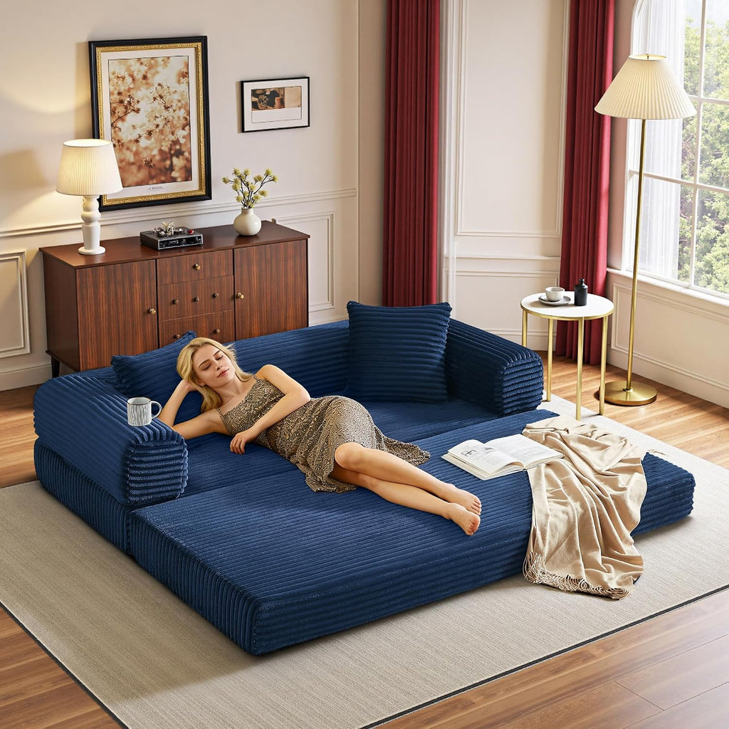 Boneless Couch Futon Sofa Bed Sectional Couches for Living Room,Cloud Couch with Sleeper Sofa,Sofas for Living Room Oversized Corduroy Upholstered (Blue, 76 Inches (No Iron Frame))