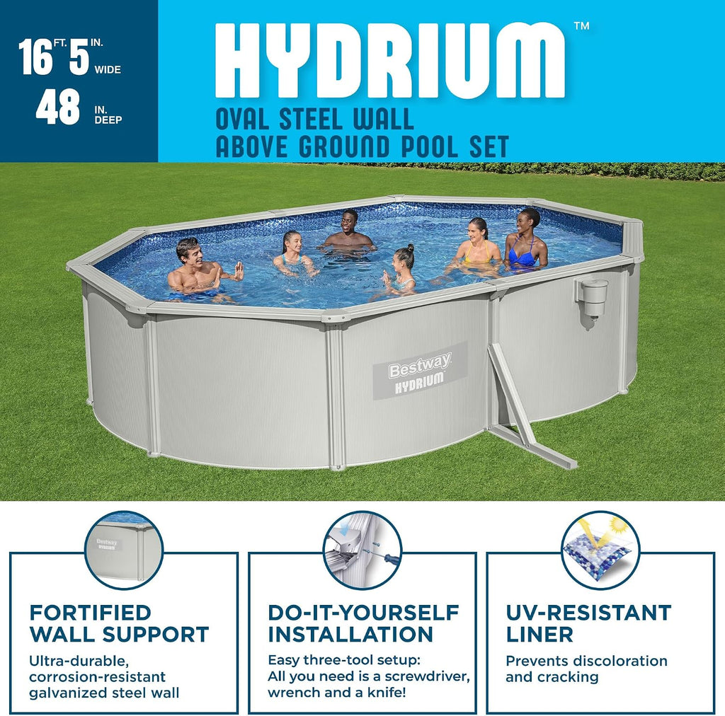 Bestway Hydrium 16'5' x 12' x 48' Above Ground Pool, Oval Steel Side Wall Frame Outdoor Swimming Pool Set with Sand Filter Pump, Ladder & Accessories