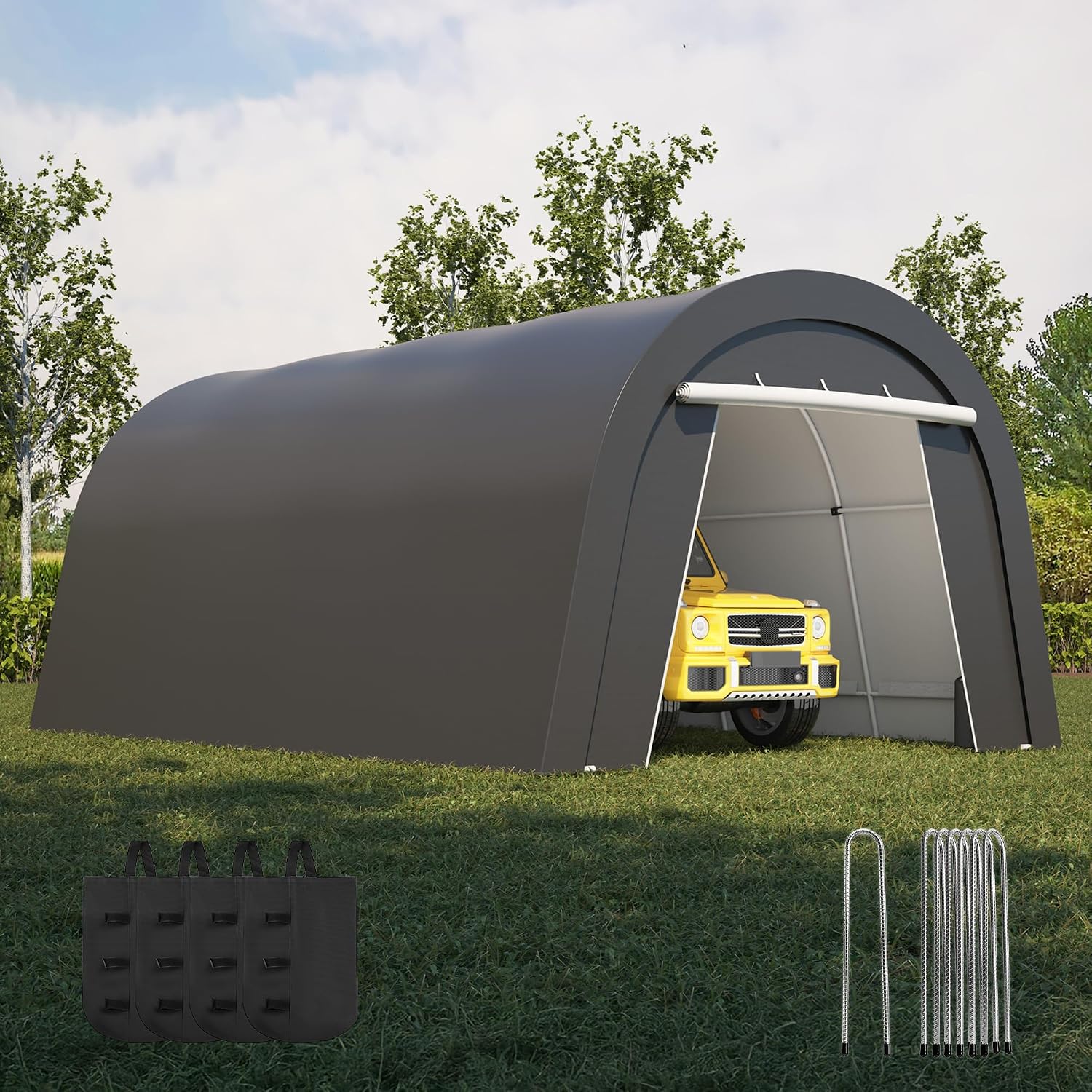 Kiss the Water Domed Carport with 4 Cloth Bags, Portable Garage with 2 Roll-up Doors, Heavy Duty Car Canopy Party Tent, All-Season Storage Shelter Shed for Cars, Truck, or Garden Tools, 13' x 20'