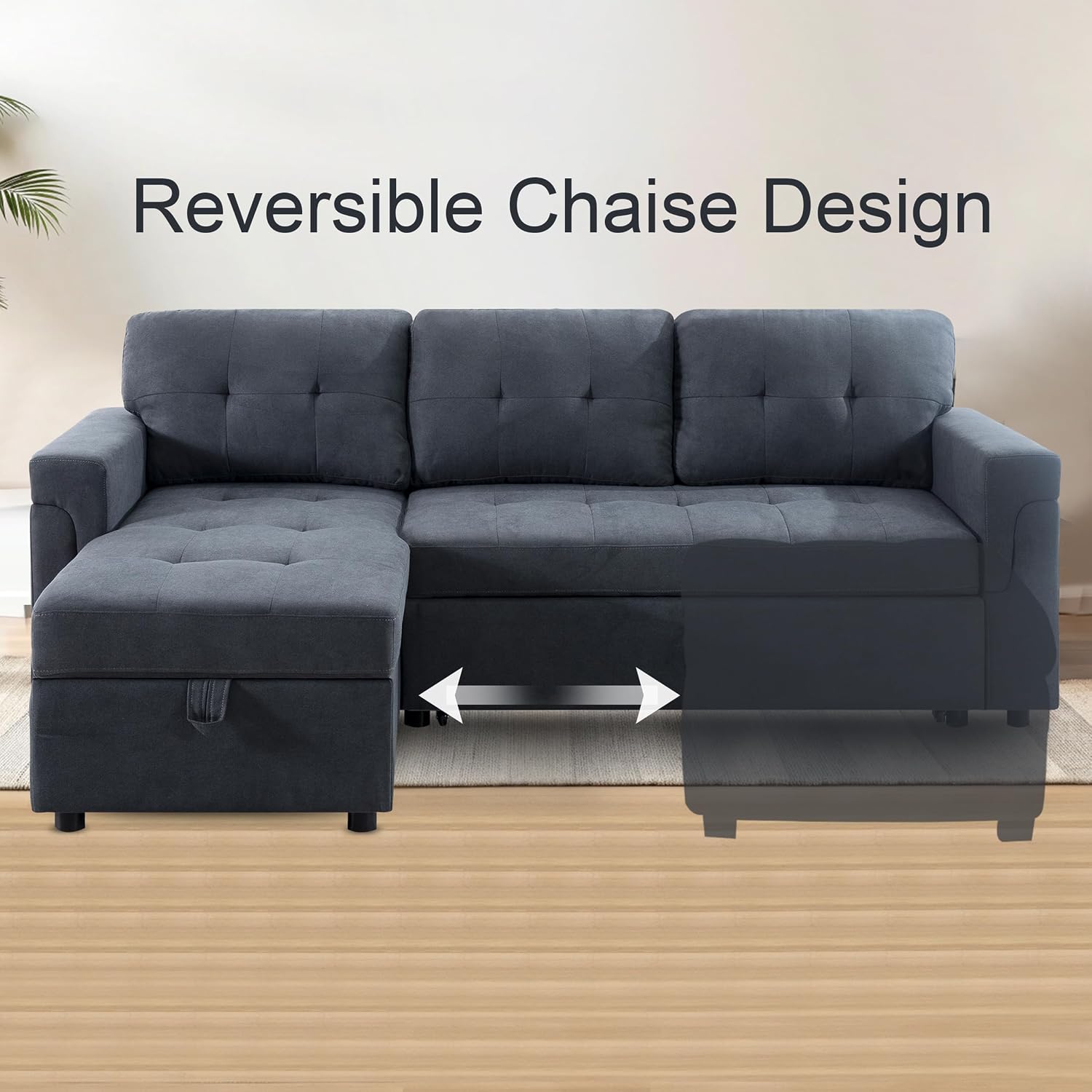 Naomi Home L Shaped Sectional Couch with Storage & Pull Out Bed – 3-in-1 Convertible Sleeper Sofa Bed, Small L Shape Sofa for Living Room, Sofa Bed with Storage Chaise in Dark Gray, Velvet