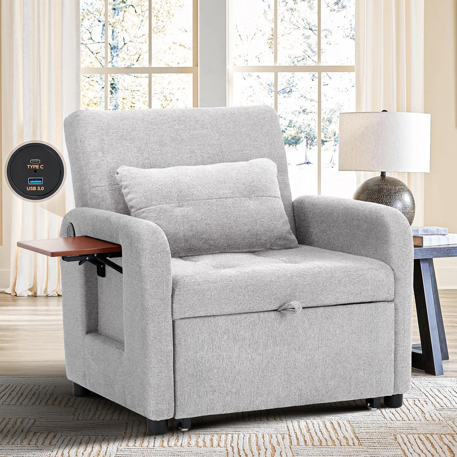 COLAMY Convertible Sleeper Chair-Fabric Futon Sofa Bed, Single Sleeper Sofa, Small Couch Bed with USB Port, Foldable Table, Pillow, Adjustable Backrest for Dorm/Bedroom/College Lightgrey