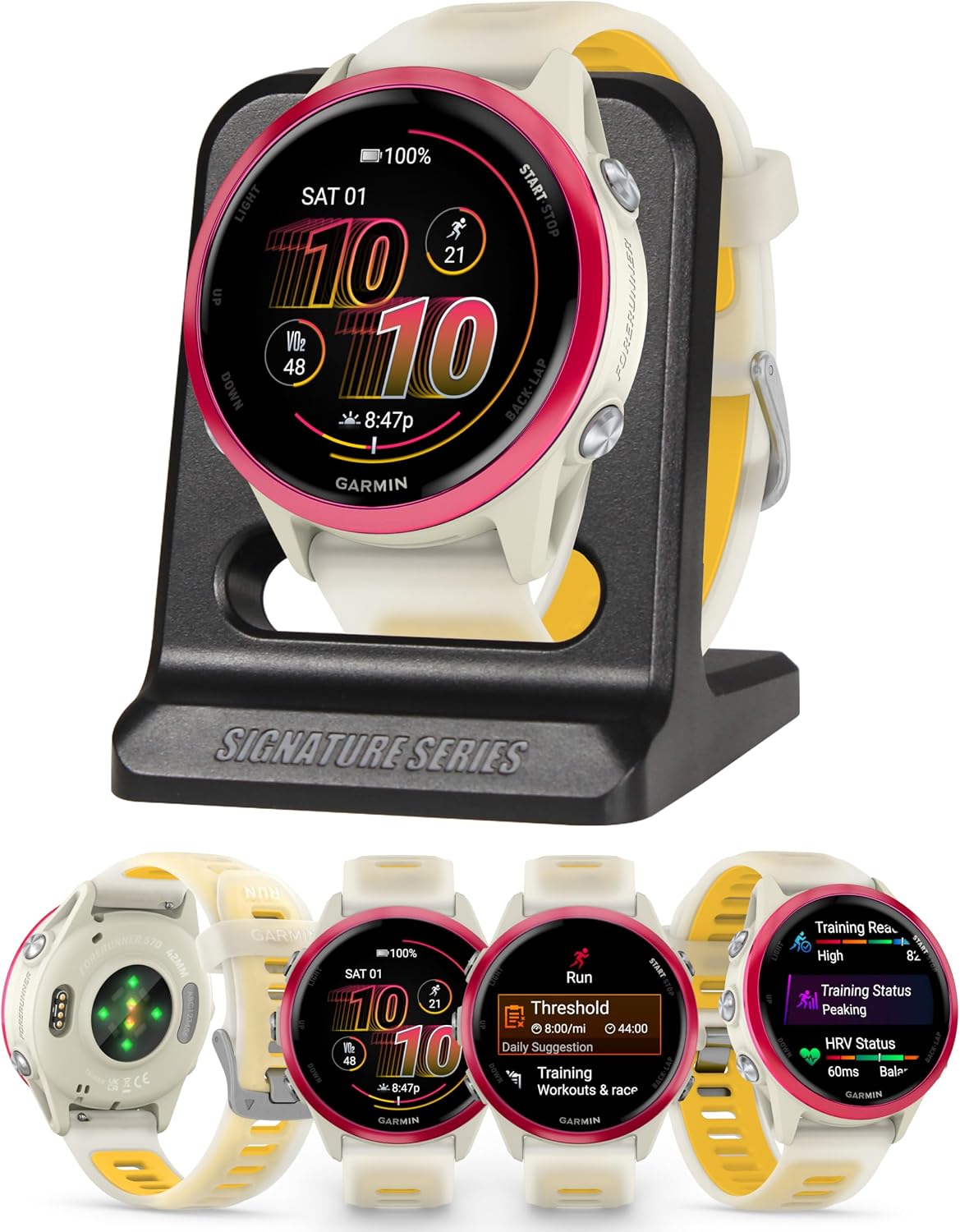 Garmin Forerunner 570 42mm GPS Smartwatch, Raspberry | AMOLED Display, Training Readiness, On-Wrist Calling | Signature Series Modern Power Stand Bundle