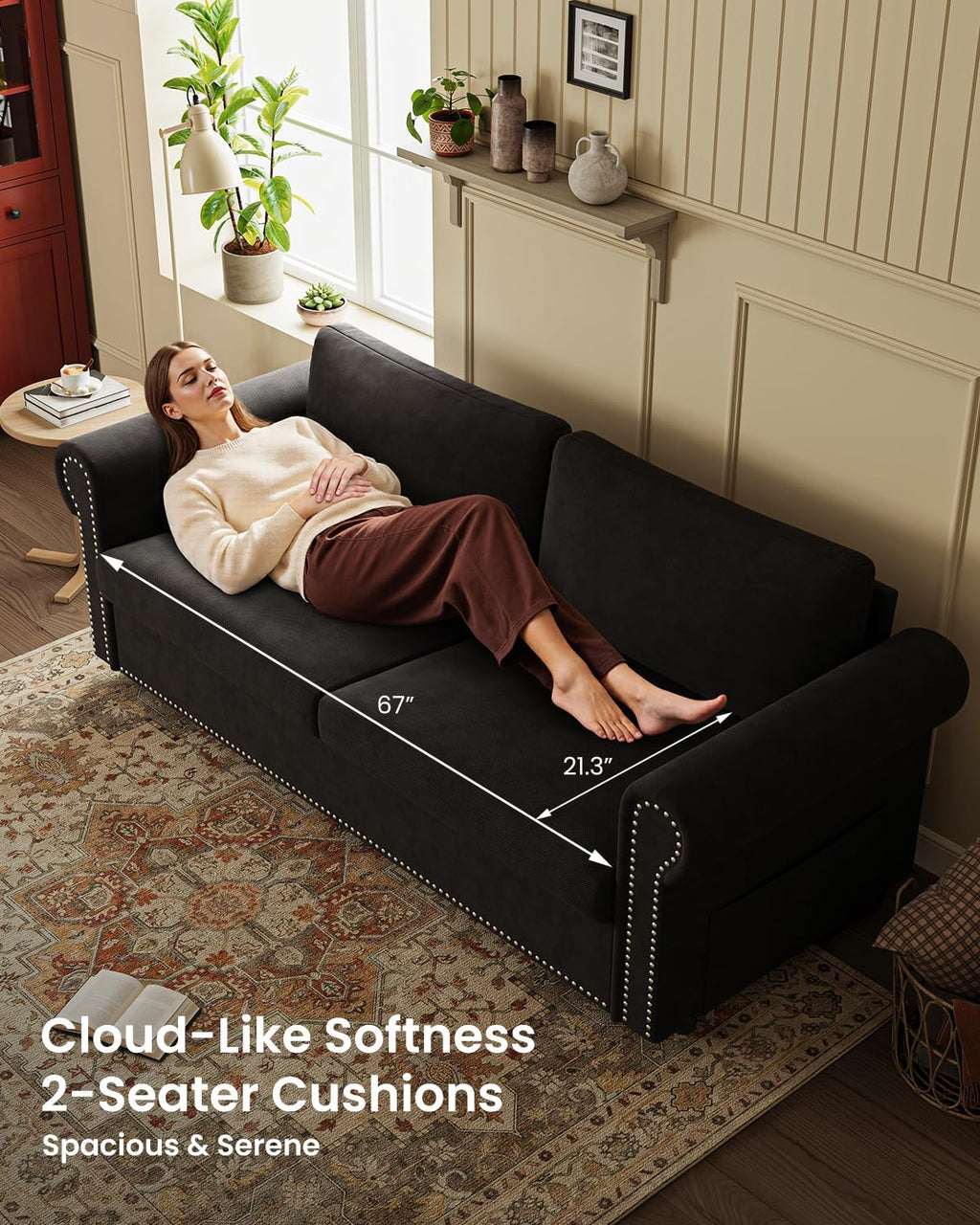 Queen Pull Out Sofa Bed | 83' Large Sleeper Sofa with Queen Size Mattress | 2-in-1 Convertible Loveseat Sofa-Bed with USB Ports Side Pockets Black