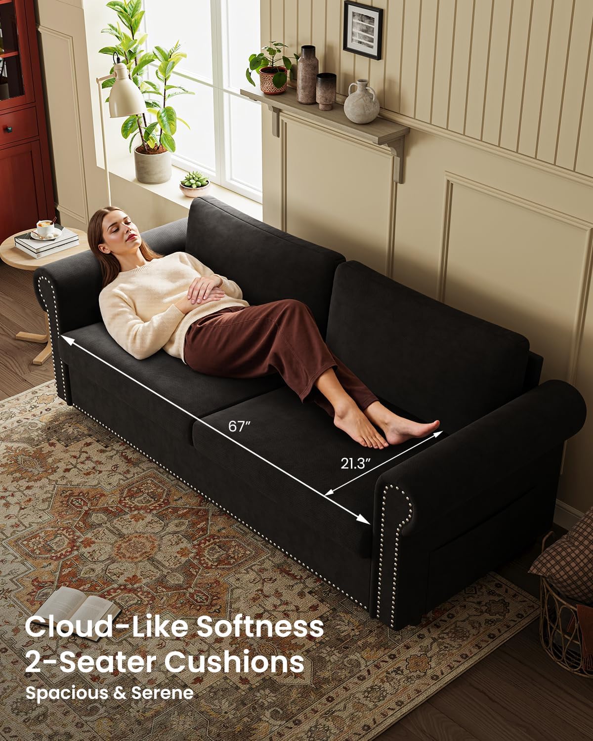 Queen Pull Out Sofa Bed | 83' Large Sleeper Sofa with Queen Size Mattress | 2-in-1 Convertible Loveseat Sofa-Bed with USB Ports Side Pockets Black