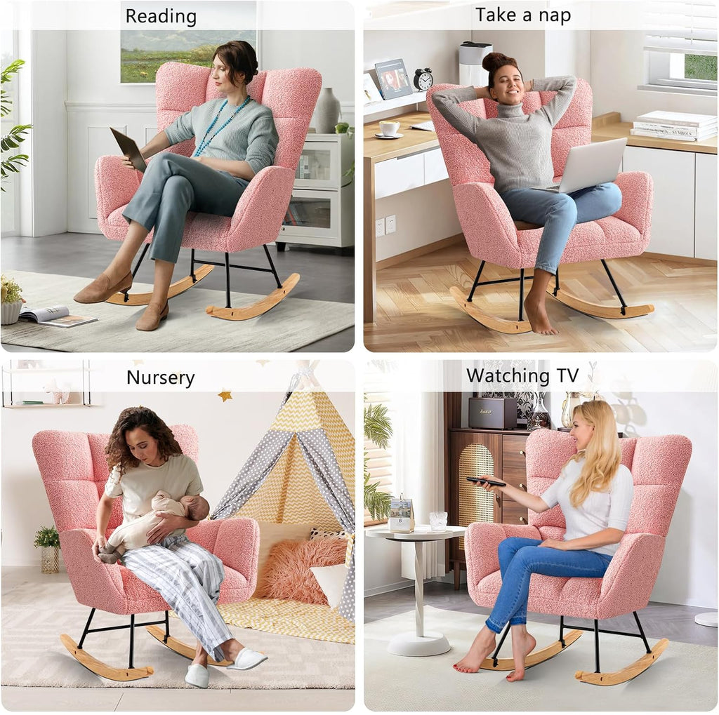Furniliving Nursery Rocking Chair Upholstered Glider Rocking Chair Modern Accent Chair Padded Seat Reading Chair with High Backrest Comfy Chair for Living Room, Bedroom, Nursery, Pink, Teddy, 2