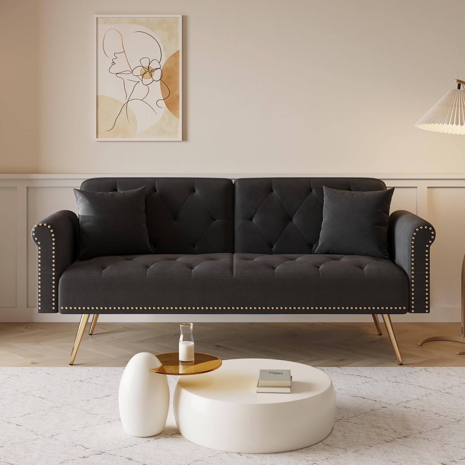 Convertible Futon Sofa Bed , Adjustable Sleeper Couch Modern Velvet Tufted Recliner Reversible Loveseat Folding Daybed Guest Bed Sofacama w/ Nailhead Trim and Golden Metal Legs for Living Room Office