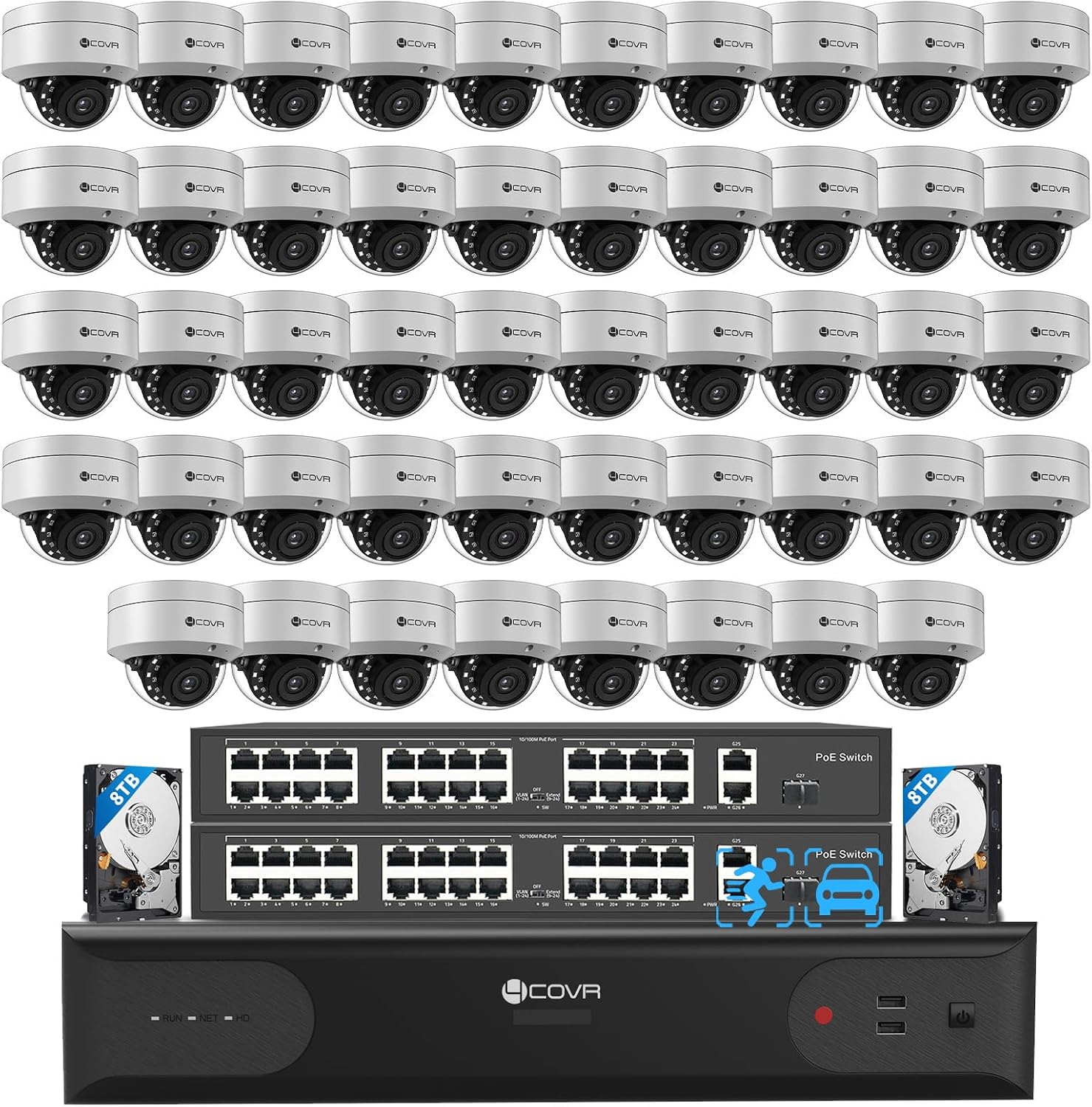 4COVR 64 Channel Security Camera System, Human Vehicle Detection, 48Pcs IK10 Vandal-Proof 8MP Commercial Dome PoE IP Camera IP67 with Mic, 8MP NVR 16TB HDD, 24/7 Business Surveillance, LY54AX8M6448