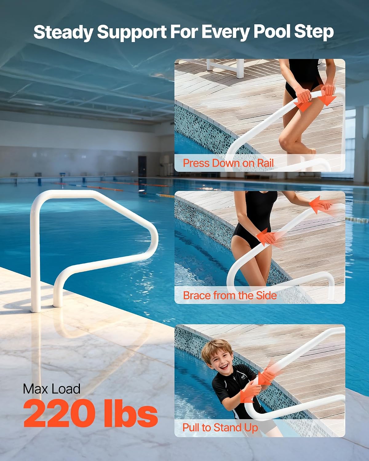 VEVOR Pool Rail, 48 x 32 inch Pool Handrail, 220 lbs Load Capacity Heavy Duty Stainless Steel Swimming Handrail, Seamless Welding, Recessed or Base Mount, for Poolside, Water Parks, Spa Centers