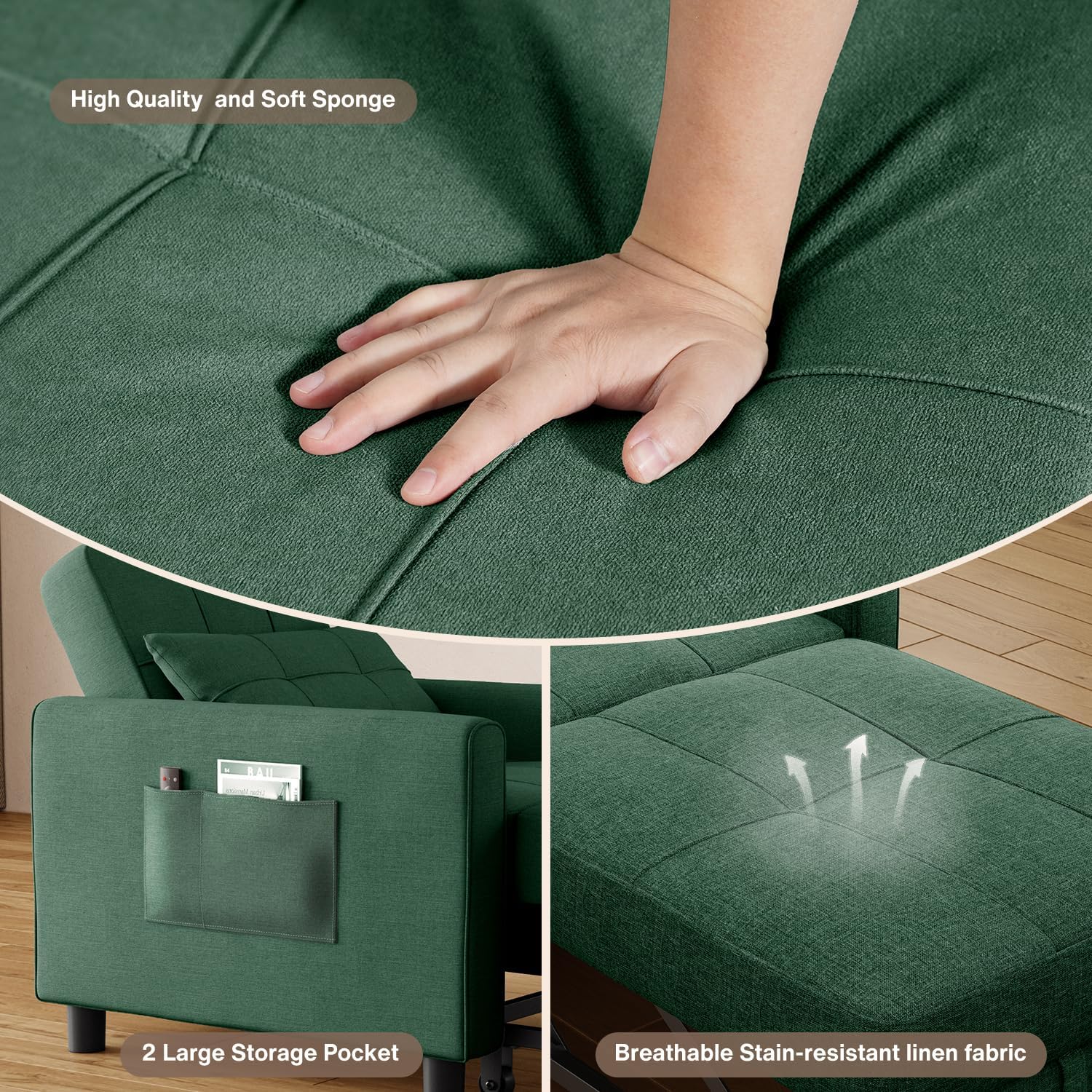 Aiho Convertible Sleeper Chair with Pillow & Pocket, 3-in-1 Sofa Bed in Modern Linen Fabric for Apartment, Green