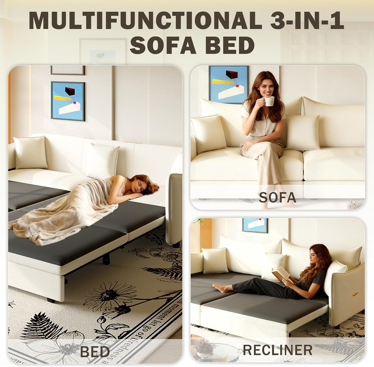 KEIKI 81.9' King Pull Out Sofa Bed, 3-in-1 Convertible Sleeper Sofa for Small Spaces, Modern Velvet 3-Seater Couch with Golden Accents, Space-Saving Solution for Apartments and Living Rooms