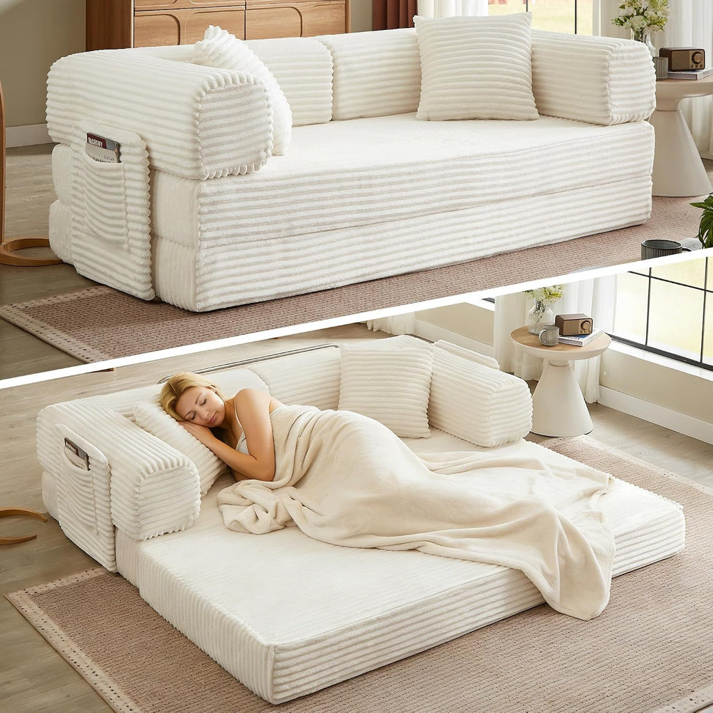 AUGOP Boneless Couch Folding Couches for Living Room Sofa, Futon Sofa Bed with Sleeper Sofa, Futon Couch with Fixed-Shape Oversized Corduroy Upholstered (White, 81 Inches)