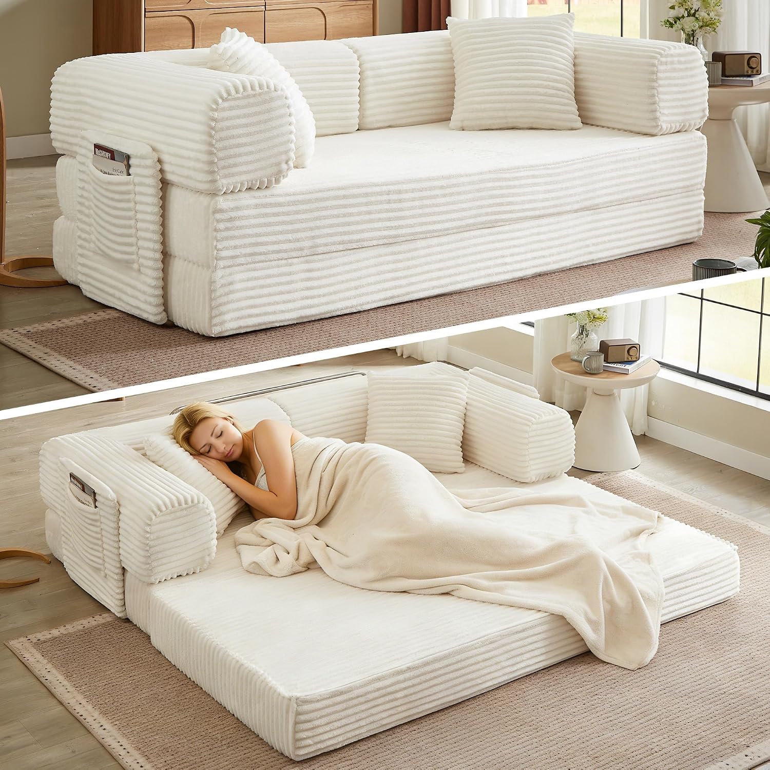 AUGOP Boneless Couch Folding Couches for Living Room Sofa, Futon Sofa Bed with Sleeper Sofa, Futon Couch with Fixed-Shape Oversized Corduroy Upholstered (White, 81 Inches)