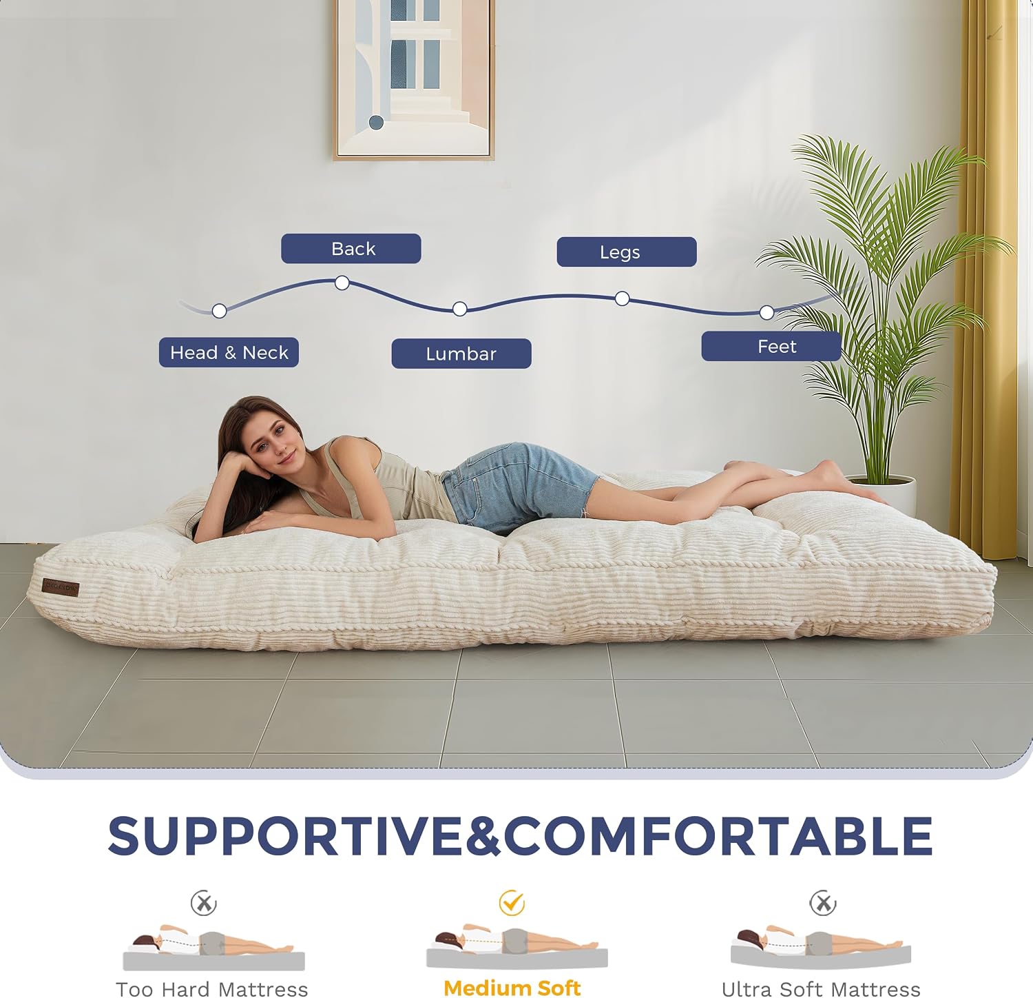 MAXYOYO 6' Futon Mattress Full Size, Tufted Futons Sofa Couch with Twisted Rope Design Edging, Thick Corded Fabric Floor Mattress for Adults, Shredded Foam Filling (Frame Not Included), Beige