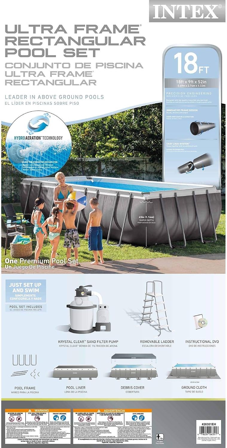 Intex 26351EH 18ft X 9ft X 52in Ultra Frame Rectangular Pool Set with Sand Filter Pump, Ladder, Ground Cloth & Pool Cover