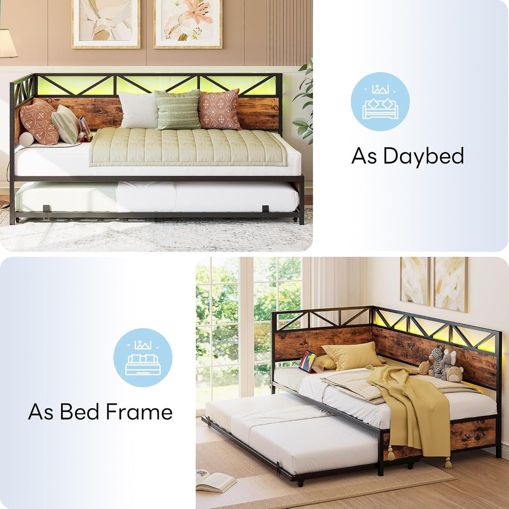 LIKIMIO Daybed with Trundle, Sofa Day Bed with Charging Station and LED Lights, Trundle Bed Twin with Strong Supports for Living Room, Bedroom and Guest Room