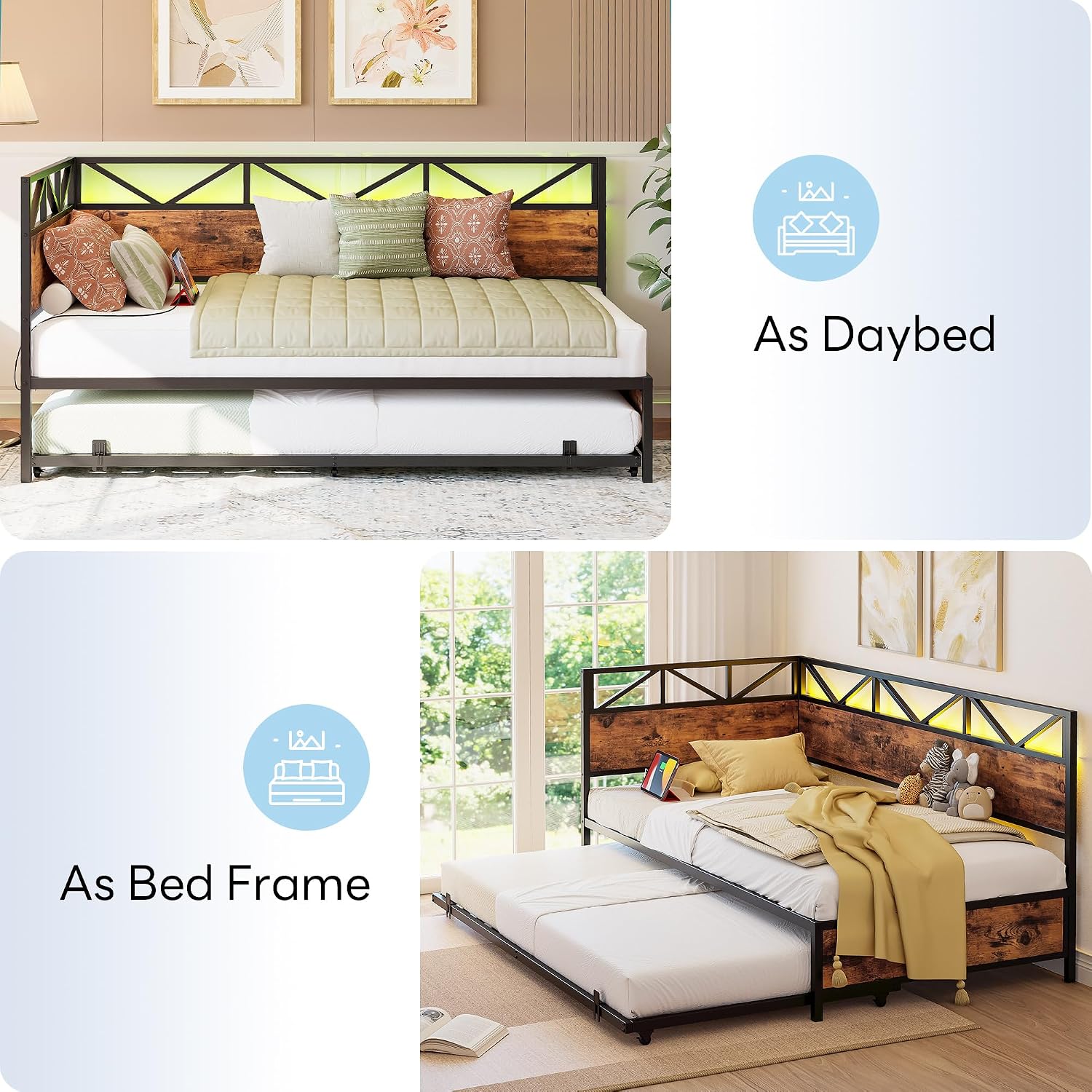 LIKIMIO Daybed with Trundle, Sofa Day Bed with Charging Station and LED Lights, Trundle Bed Twin with Strong Supports for Living Room, Bedroom and Guest Room