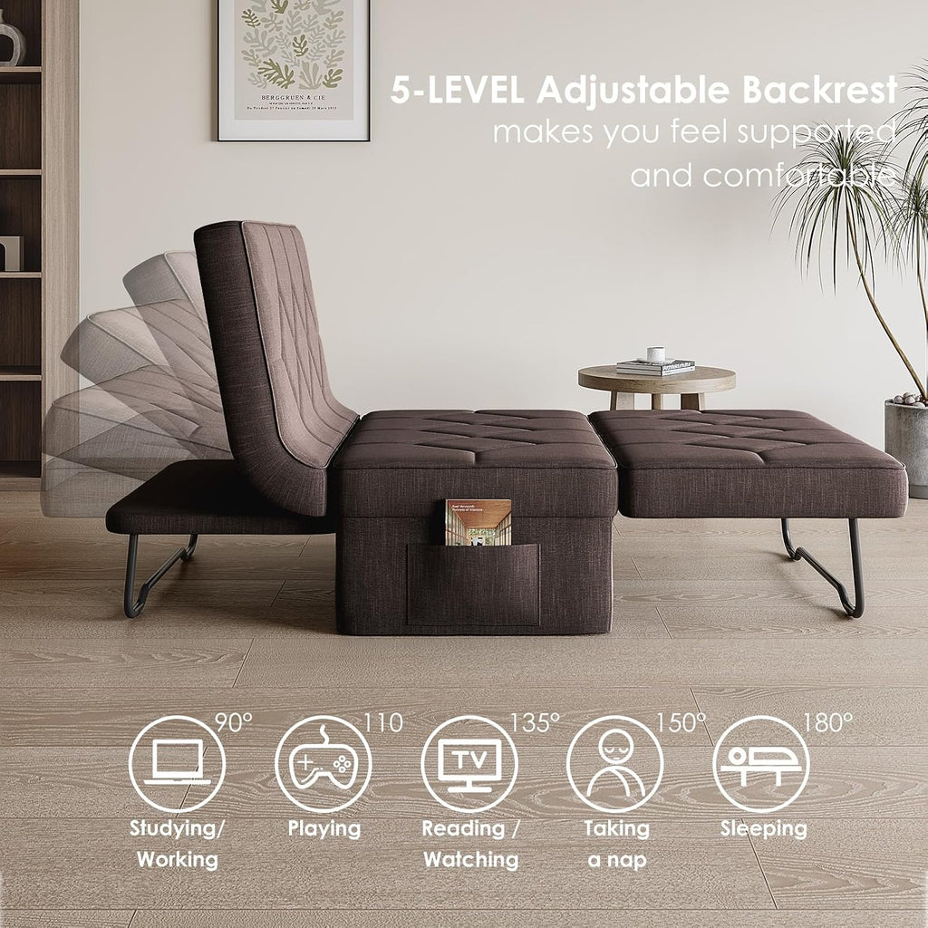 Ottoman Bed with 5-Level Adjustable Backrest, 74' D x 37' W 4-in-1 Convertible Sleeper Chair Bed, Folding Sofa Bed for Living Room, Apartment, Dorm & Small Space, Dark Brown