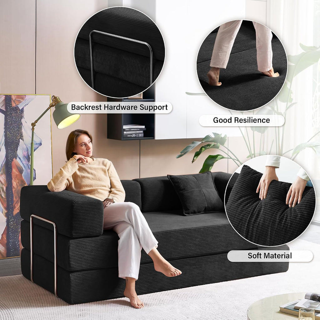 Compression Sofa - 78''Convertible Floor Sofa Bed - with Pillow Back Support Armrest - Comfy Foldable Sofa Bed Compressed Sofa in Box - Corduroy Fabric - for Living Room Bedroom(Black)