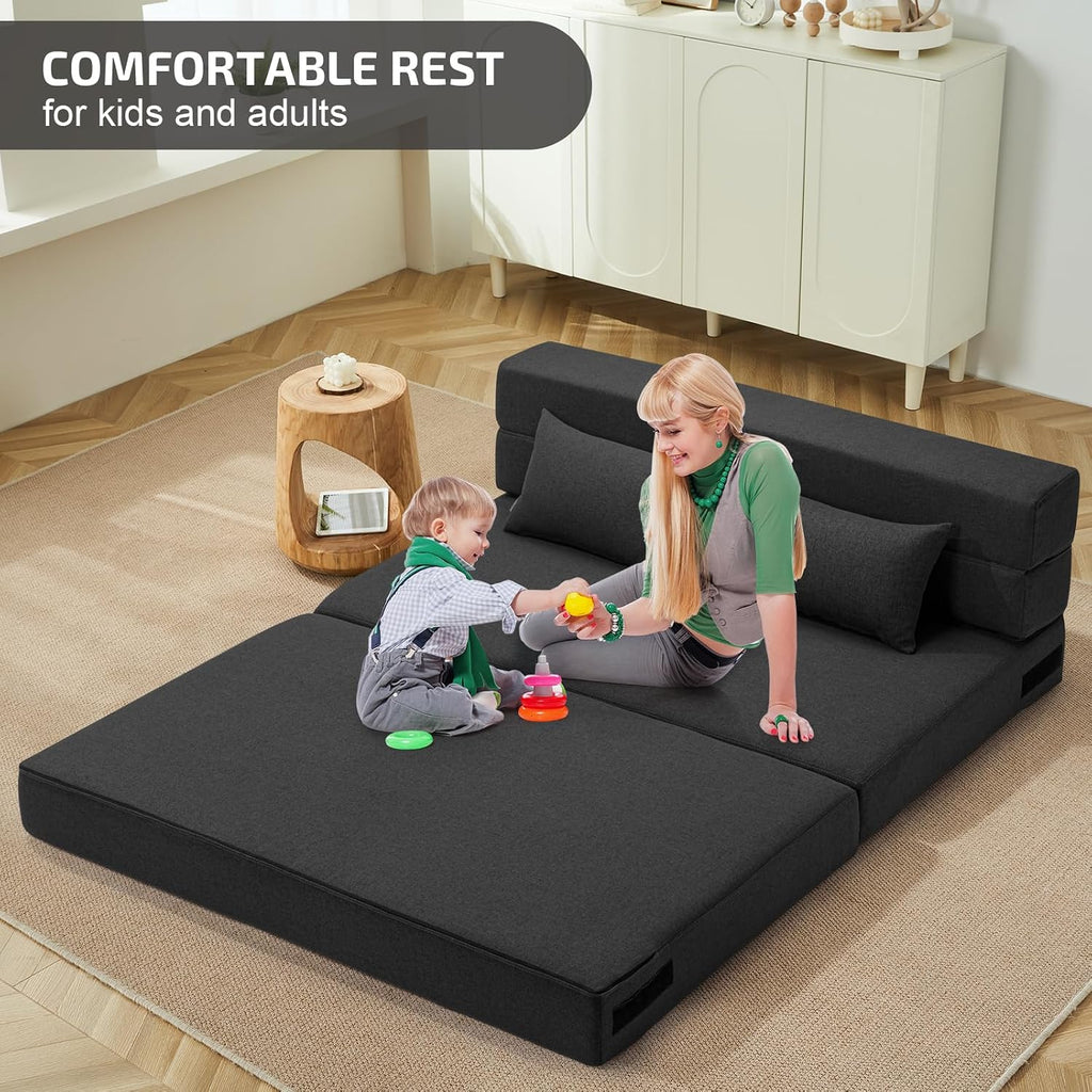 SUYOLS Folding Sofa Bed with Pillows- Convertible Chair Floor Couch & Sleeping Mattress, Foldable Memory Foam Sleeper for Living Room/Dorm/Guest Room/Home Office/Apartment/Loft, Full, Dark Gray