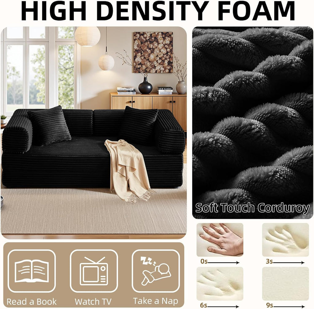81 Inch Convertible Folding Sofa Bed,Fold Out Floor Sofa Couch with Fixed-Shape Frame,Corduroy Foldable Mattress Cloud Couch for Living Room Bedroom (Black)