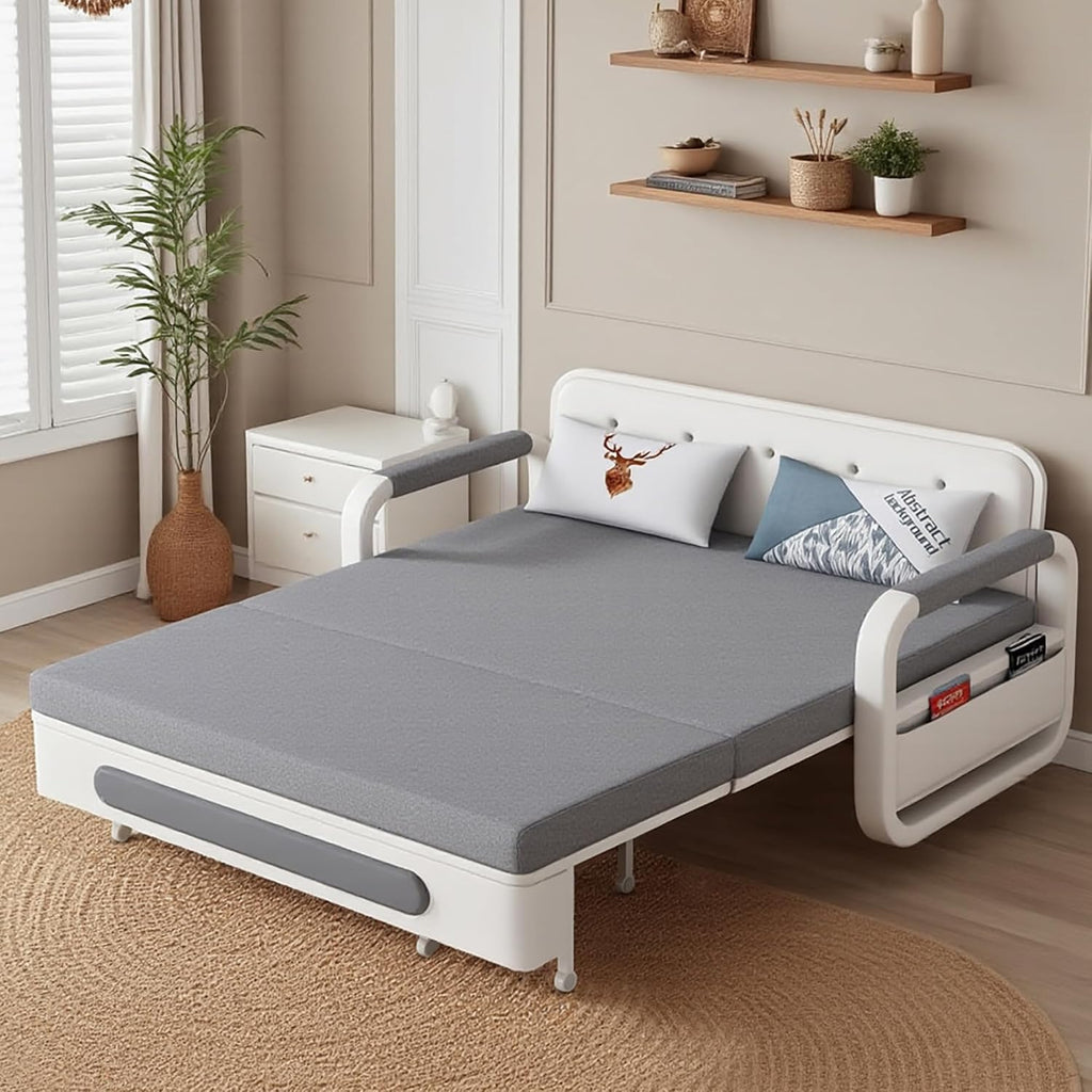 Pull-Out Sofa Daybed with Trundle, Versatile Futon Couch with Sleeping Function and Storage Space, Sofa Bed for Small Rooms and Living Rooms, Dark Grey and White (50.3')
