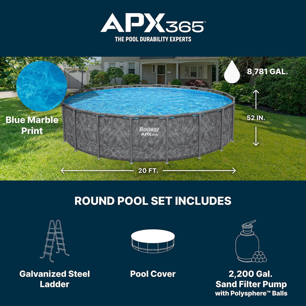 Bestway APX 365 20' x 52' Above Ground Pool, Round Metal Frame Outdoor Swimming Pool Set with Sand Filter Pump, Ladder, and Cover, Dark Marble