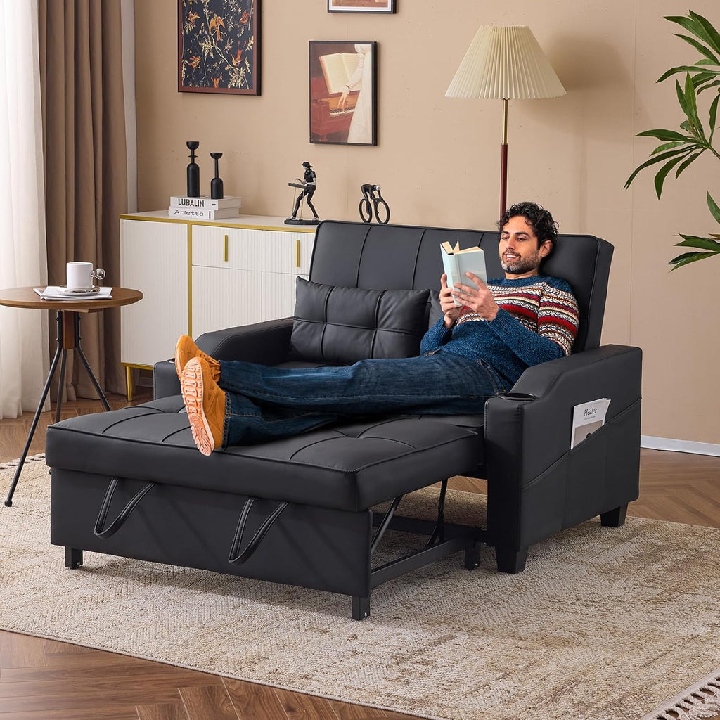 VINGLI Convertible Loveseat Sleeper Sofa, Black Faux Leather Futon Sofa Bed Pullout Couch Bed with USB Ports, Cup Holders, Armrest for Living Room, Bedroom, Home Office Apartment