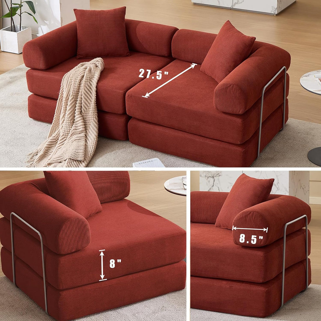 73' Convertible Modular Folding Sofa Bed, 5-in-1 DIY Combination Fold Out Sleeper Sofa Bed, Loveseat sleeper Couch with Removable Armrests, Corduroy Floor Couch, Small couches for small spaces, Red