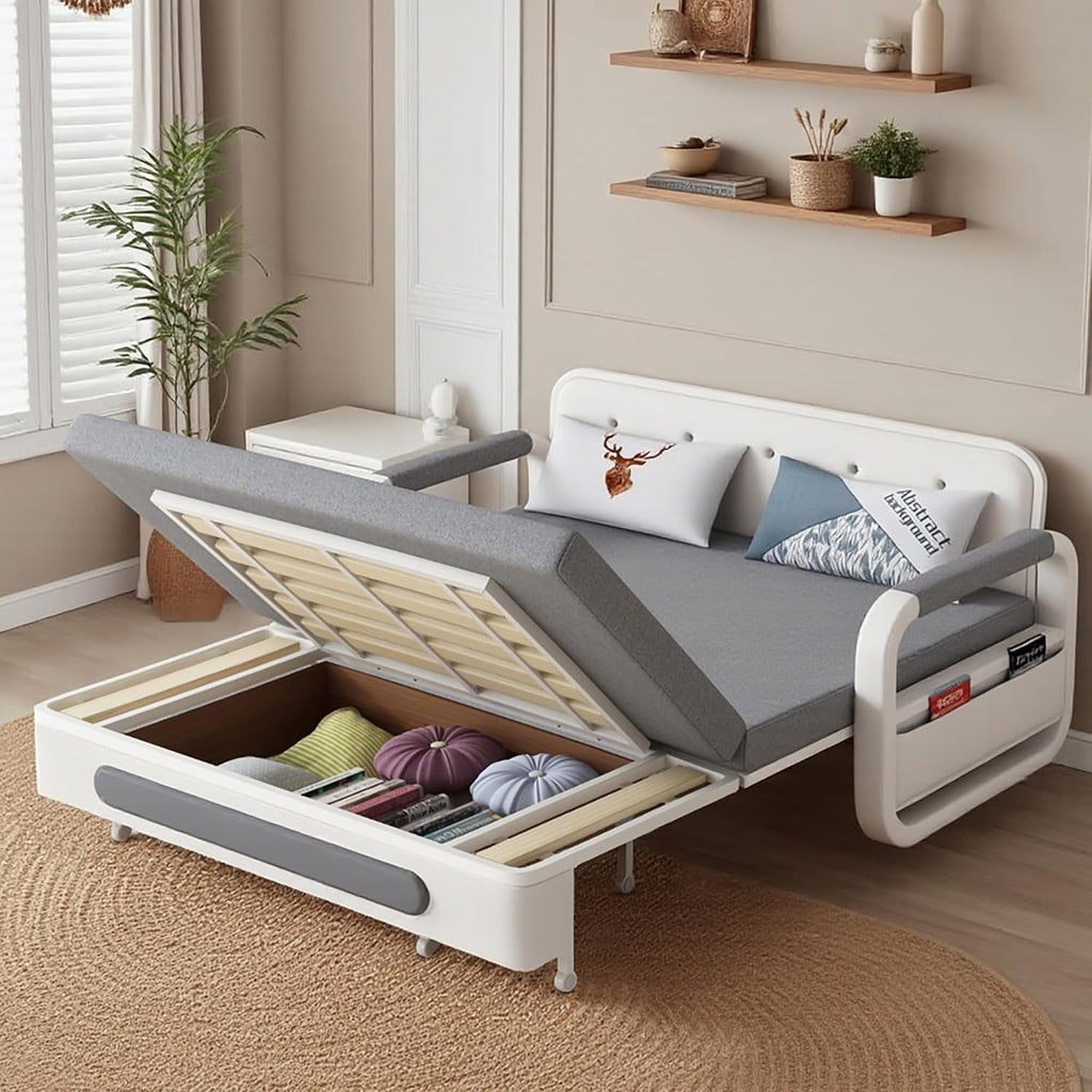Pull-Out Sofa Daybed with Trundle, Versatile Futon Couch with Sleeping Function and Storage Space, Sofa Bed for Small Rooms and Living Rooms, Dark Grey and White (50.3')