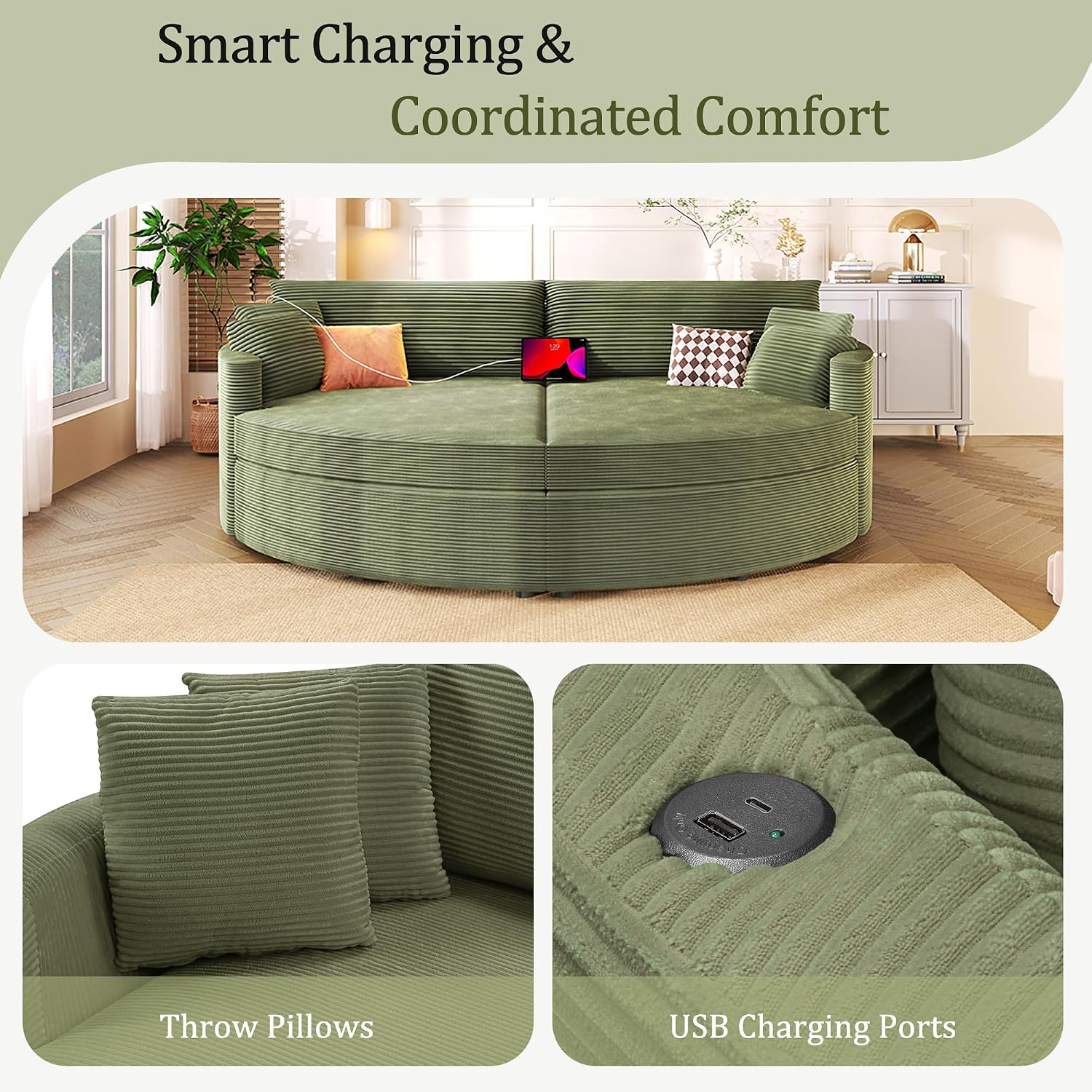 Merax 102.3' Oversized Double Chaise Lounge Indoor, Comfy Corduroy Upholstered Loveseat Sleeper Sofa Bed, Deep Seat Cloud Couch with USB Ports and Throw Pillows for Living Room, Green
