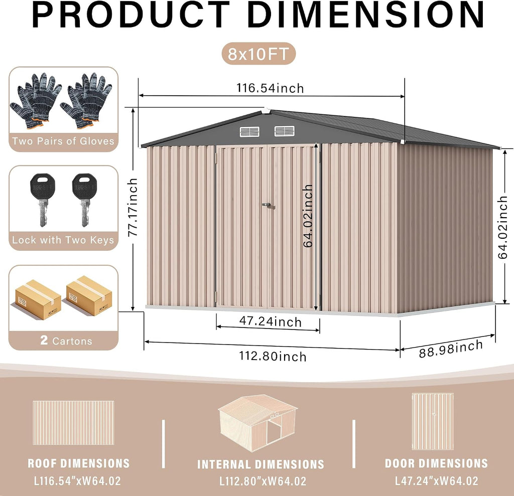 8x10 FT Metal Storage Sheds Outdoor, Metal ToolShed with Lockable Door, Metals Yard Sheds MetalGarden Shed Kit, Metals Utility Sheds Buildings with Air Vent for Backyard Garden Patio Lawn