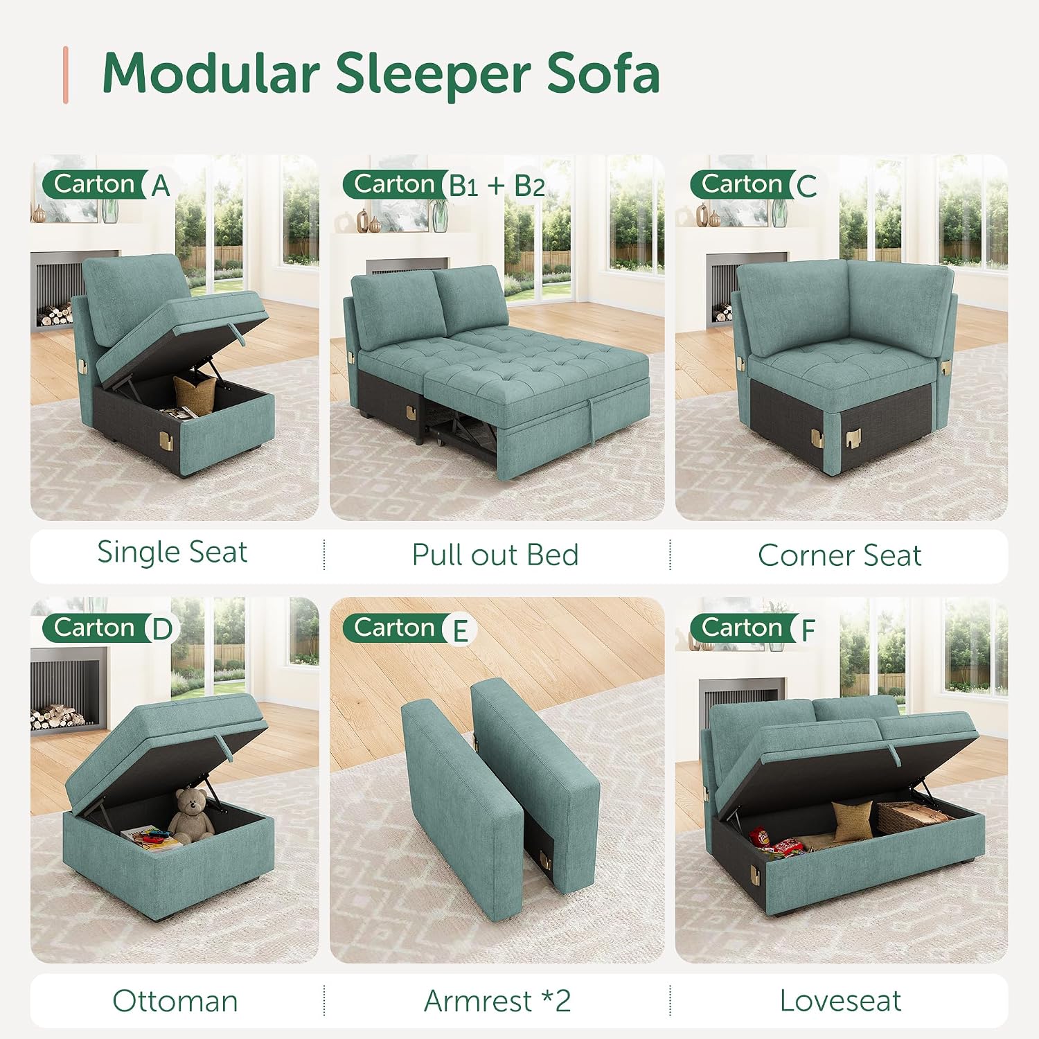 HONBAY Modular Sectional Sleeper Sofa with Pull Out Bed, Ottoman for Sectional Couch,Blue