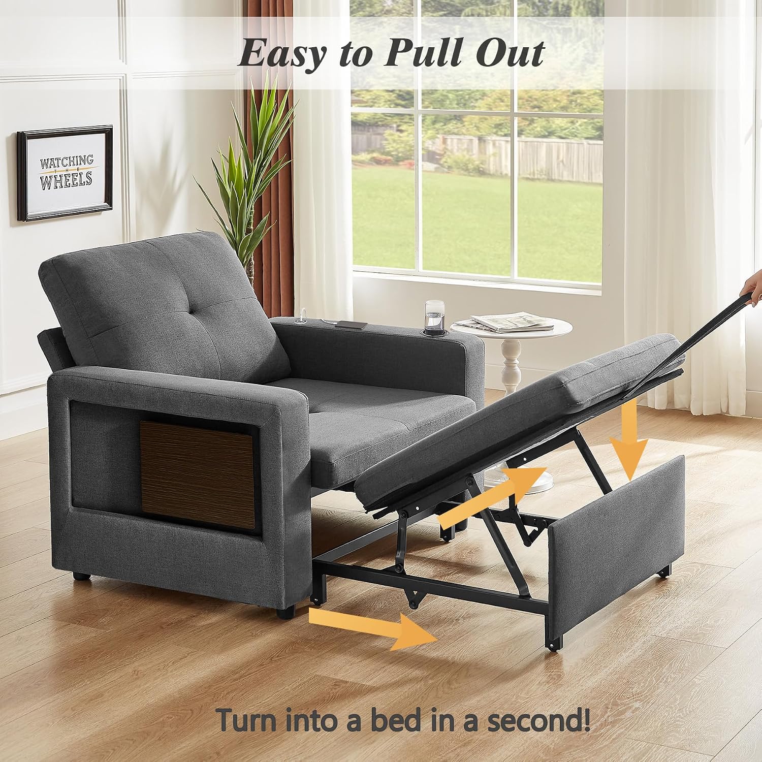 WEUP 42.5' Sleeper Chair Bed, 3-in-1 Convertible Reclining Sofa Chair with Pull Out Couch Bed, Adjustable Backrest, Side Pockets, Cup Holder, USB Ports & Wing Table, Premium Dark Gray