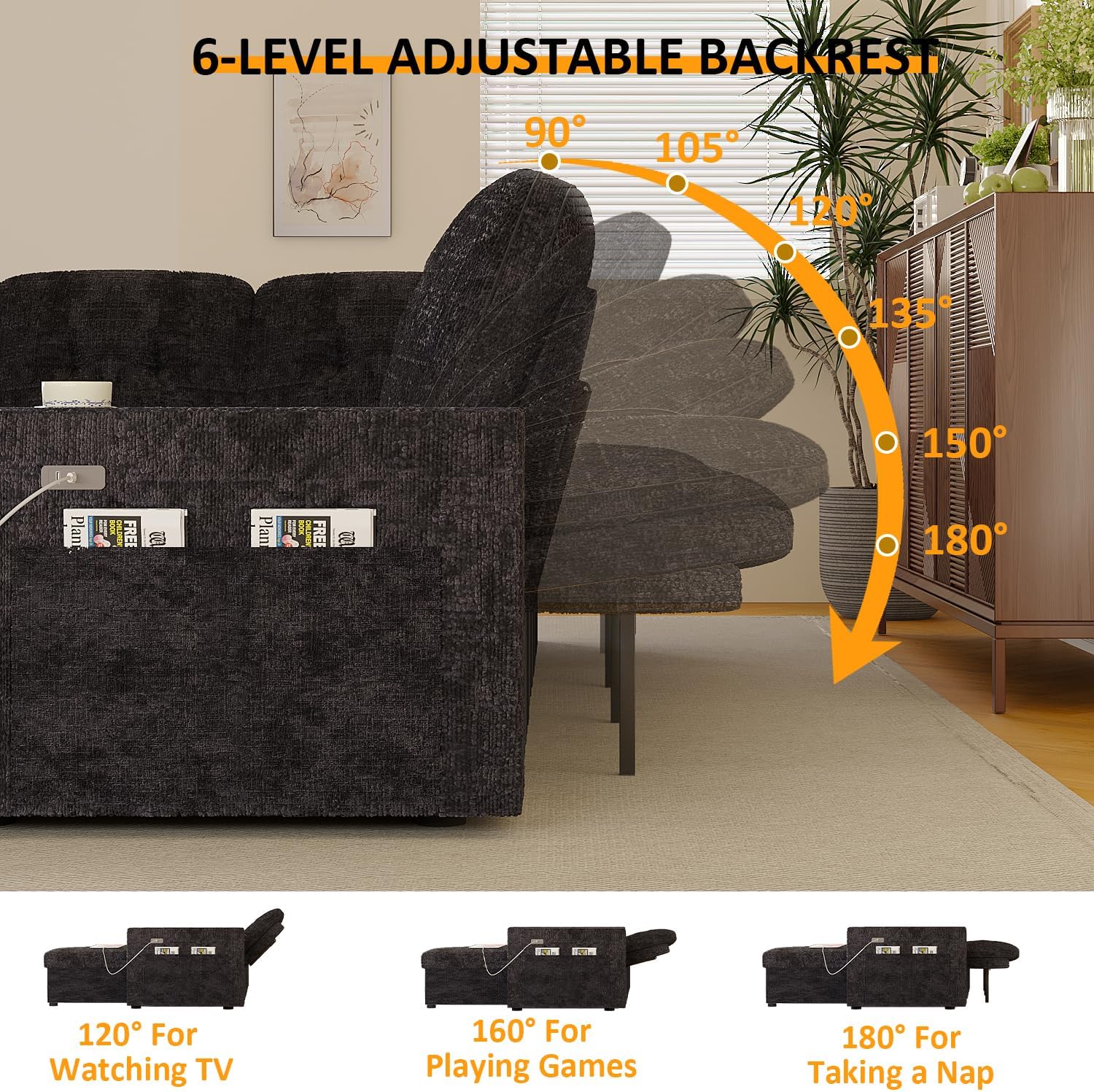 63 Inch Sleeper Sofa Bed, 4 in 1 Pull Out Couch Bed with Adjustable Backrest, Small Loveseat with Wide Armrest | USB Charging | Side Pockets | Cup Holders | Tool Free Assembly, Luxury Black